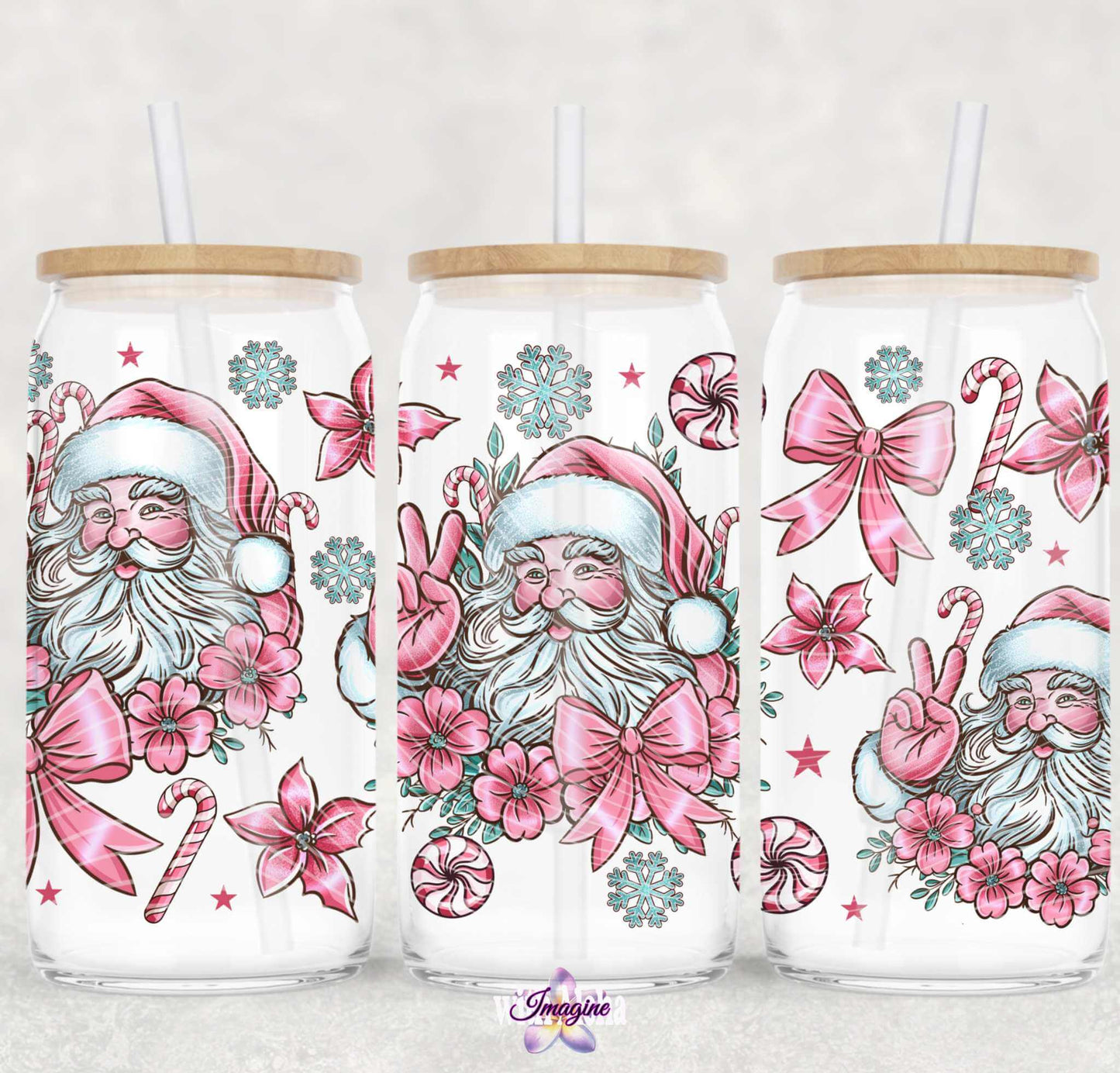 16 oz Santa UV DTF Cup Wrap Transfer - Christmas Pink & Teal Design - Imagine With Aloha