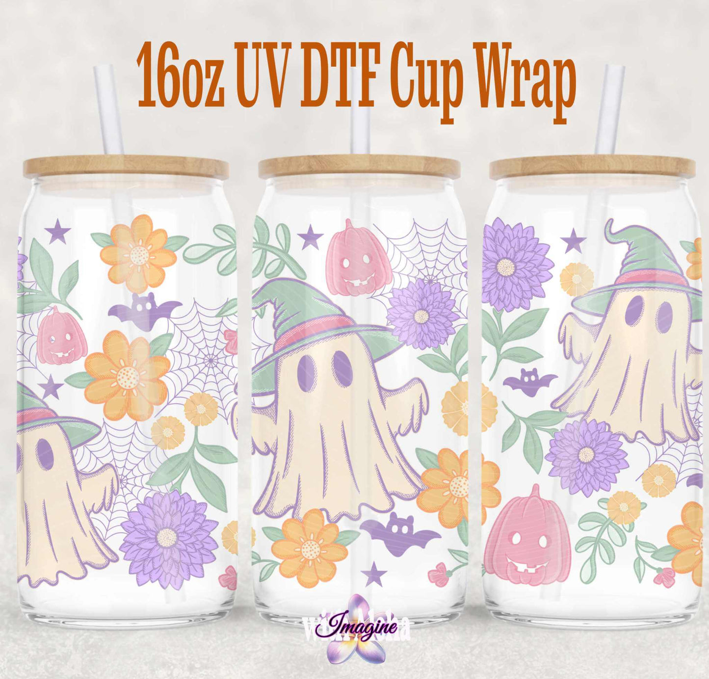 16oz Floral Ghost UV DTF Cup Wrap – Halloween-Themed Reusable Glass Wrap - Imagine With Aloha