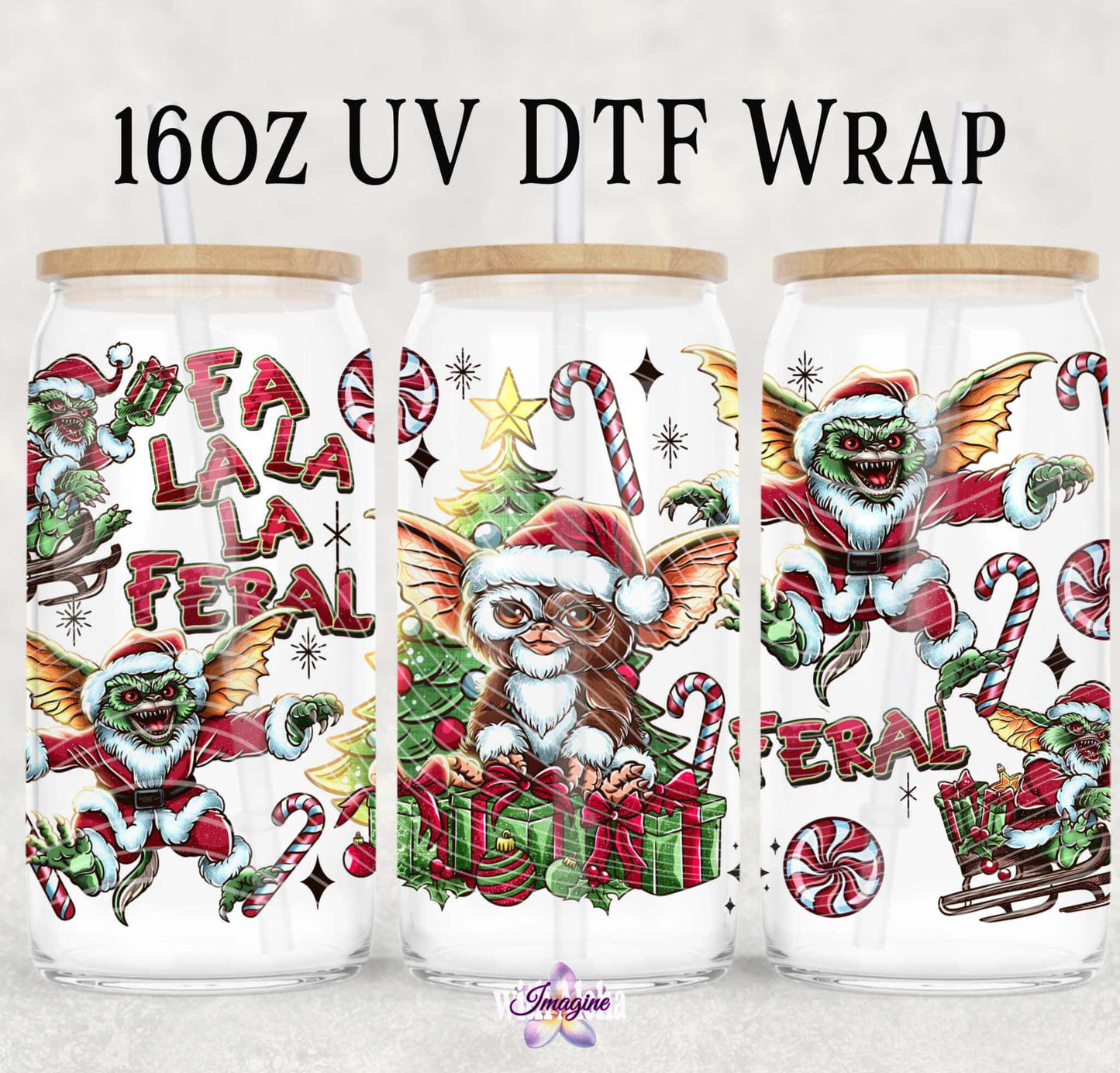 16oz UV DTF Christmas Wrap - "Fa La La Feral" Design - Reusable Glass Tumbler Wrap - Imagine With Aloha