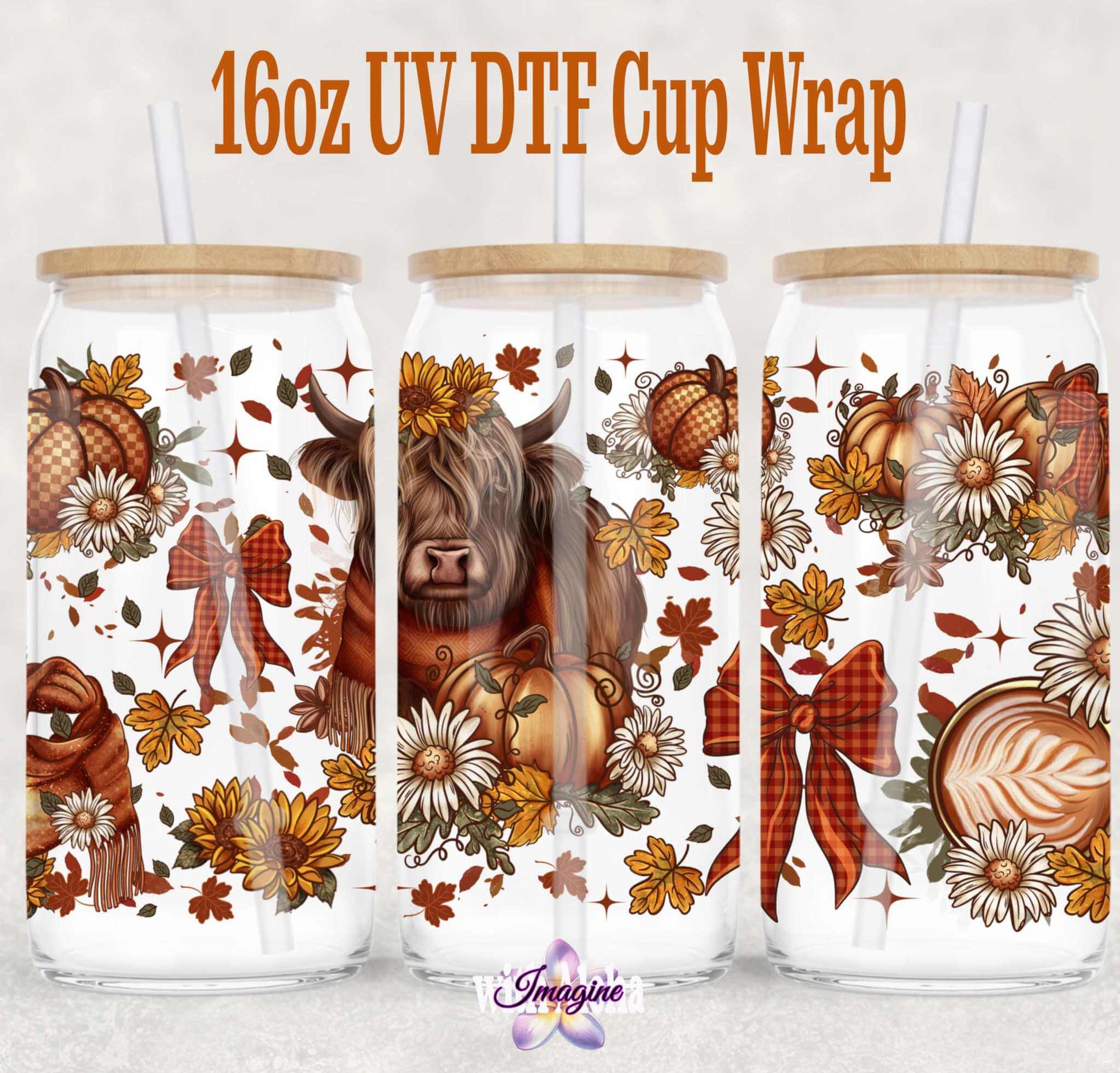 16oz UV DTF Cup Wrap – Autumn Highland Cow Design | Fall Drinkware Wrap - Imagine With Aloha