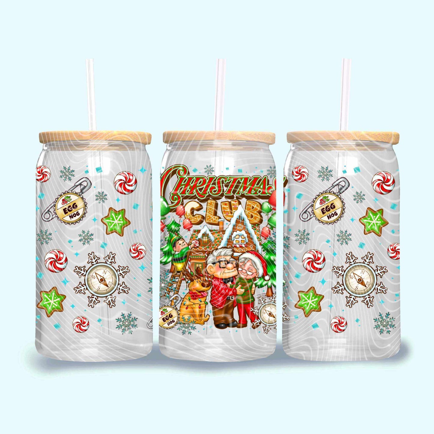 16oz UV DTF Wrap - Christmas Club Holiday Tumbler Wrap - Festive Design with Santa, Mrs. Claus, and Eggnog - Imagine With Aloha