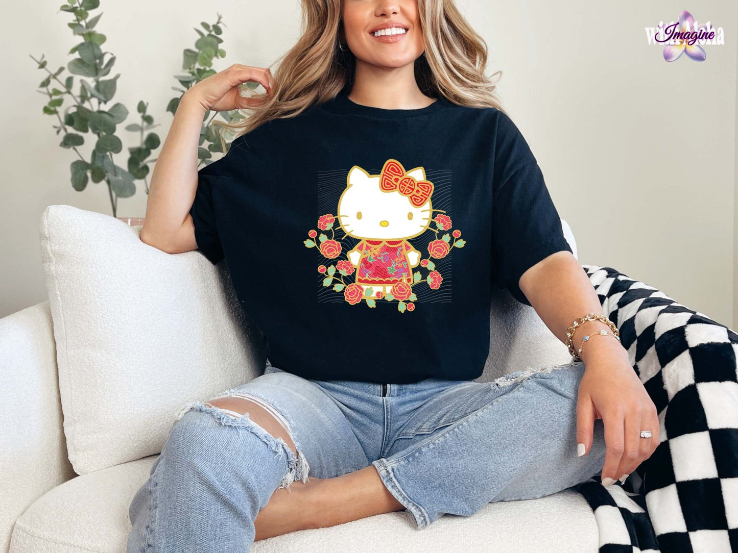 Charming Floral Cat Graphic T-Shirt - Imagine With Aloha