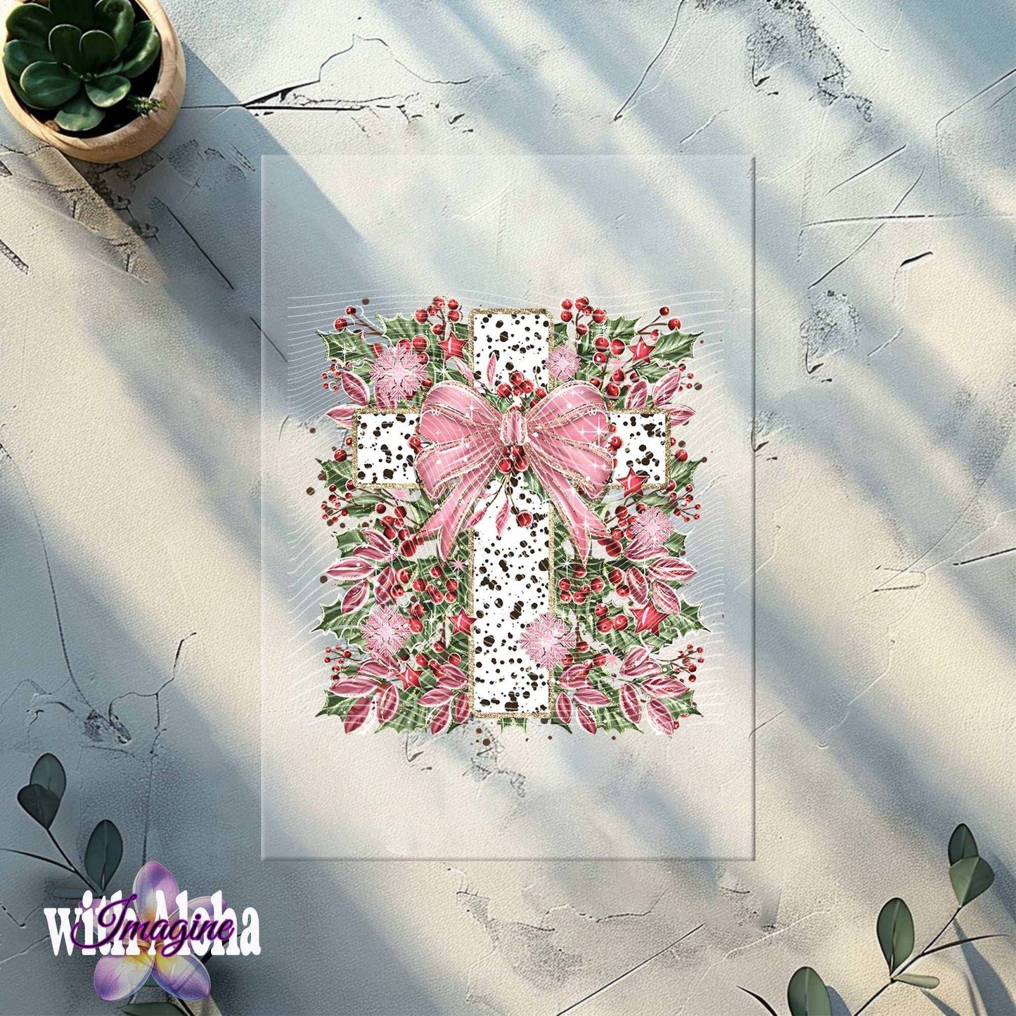 Christmas Cross with Bow DTF Transfer – Festive Floral Holiday Design for Apparel - Imagine With Aloha