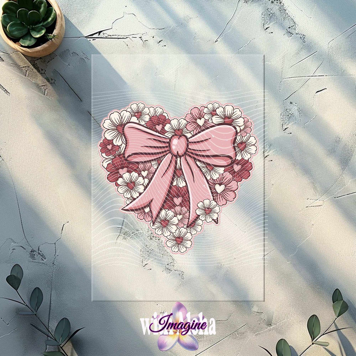 Floral Heart with Bow DTF Transfer - Elegant Heat Press Design for Apparel and Crafts - Imagine With Aloha