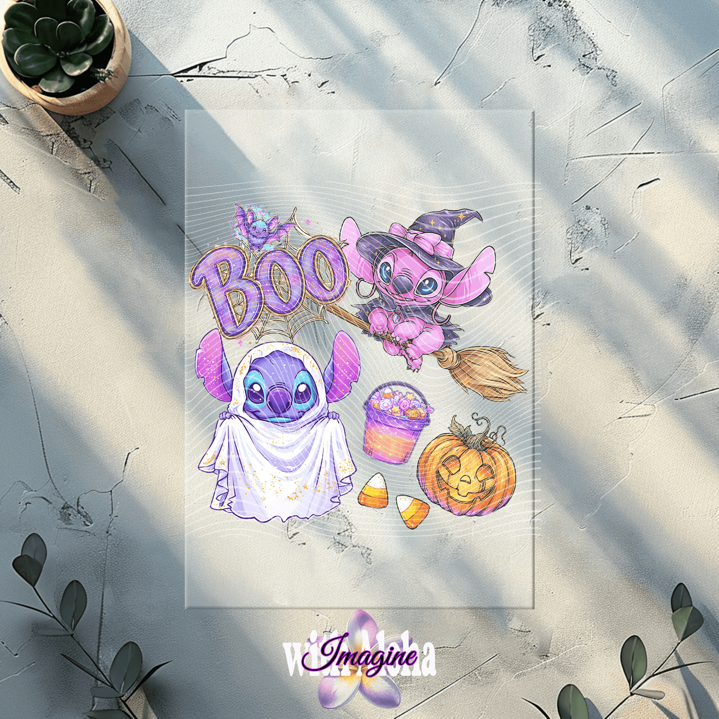 Halloween Stitch “Boo” DTF Transfer – Cute Ghost & Witch Design - Imagine With Aloha
