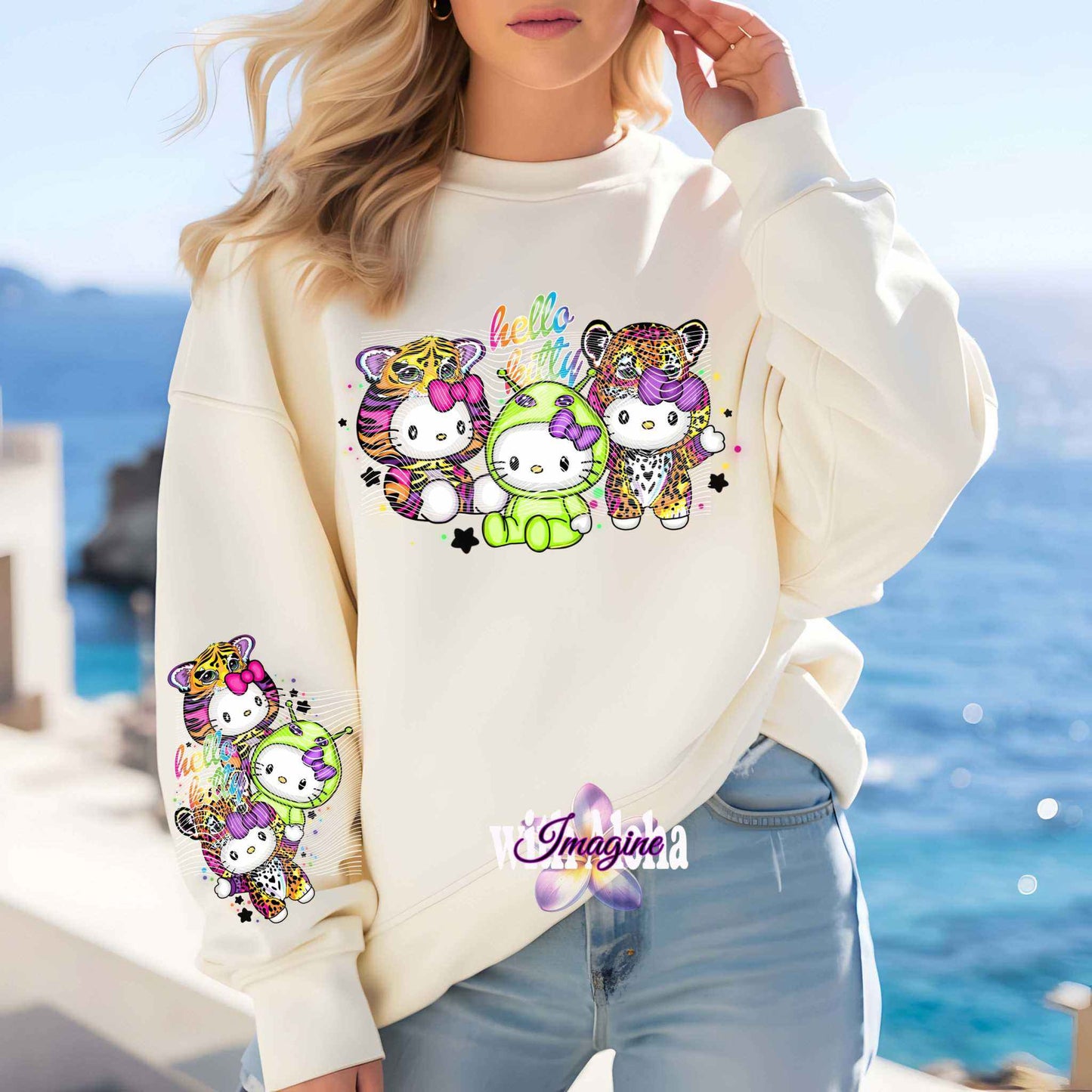 Hello Kitty Jungle Adventure Crewneck Sweatshirt - Colorful Animal Print Edition - Imagine With Aloha