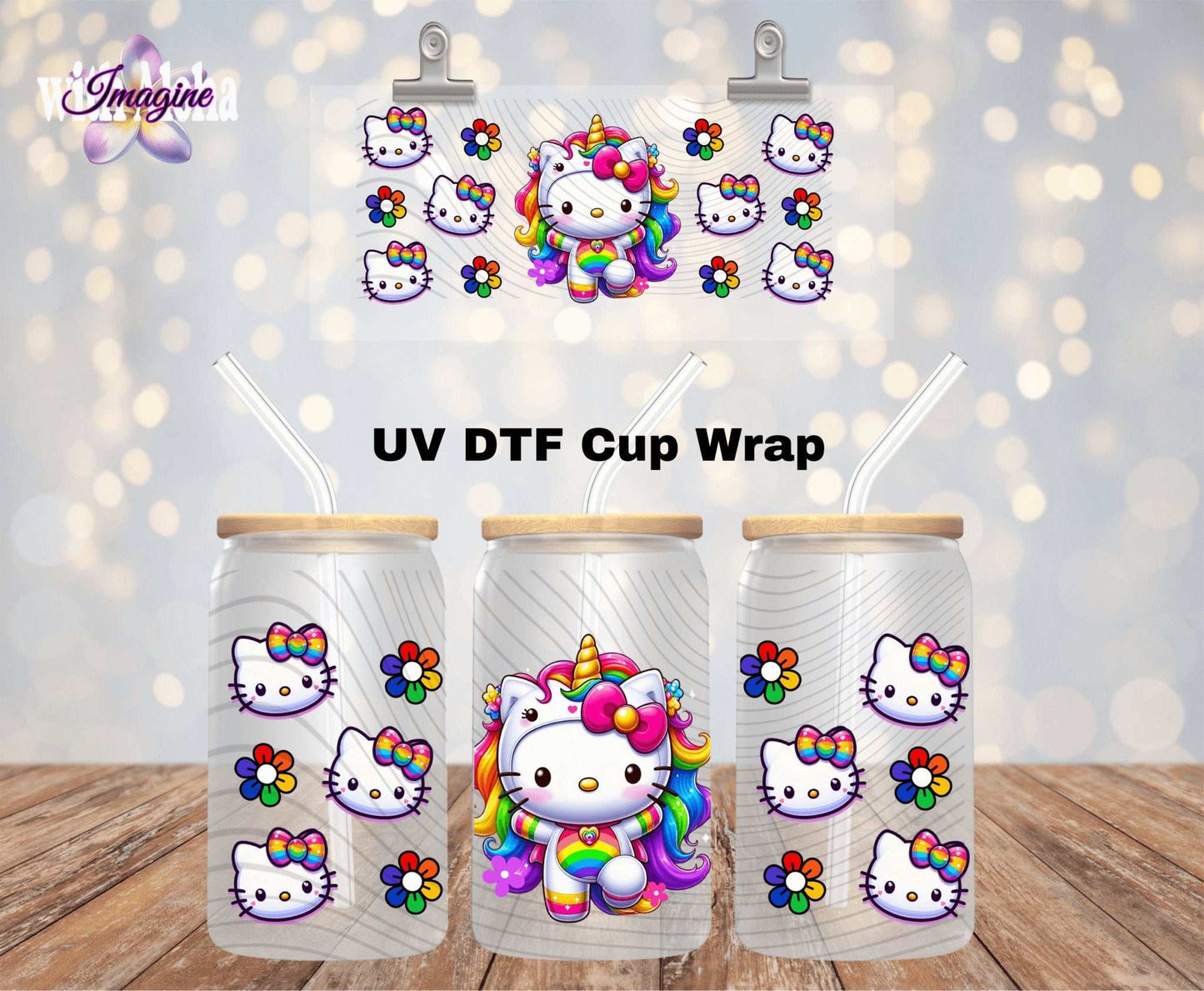 Rainbow Unicorn Kitty UV DTF Cup Wrap – Cute and Colorful 16oz Glass Wrap - Imagine With Aloha