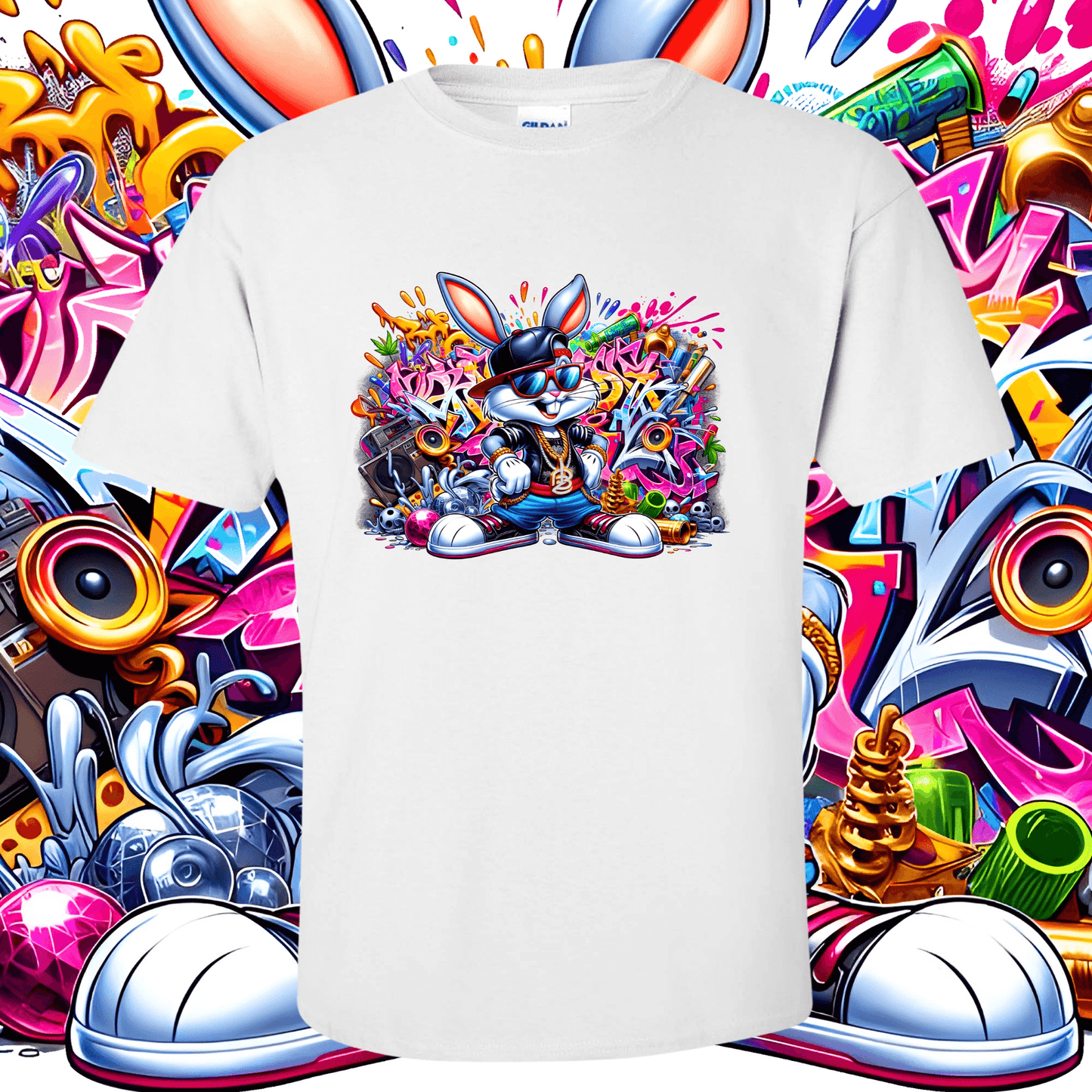 Graffiti Bugs Bunny T-Shirt with vibrant street art design on white, 100% cotton, classic heavyweight fabric, sustainably grown US cotton