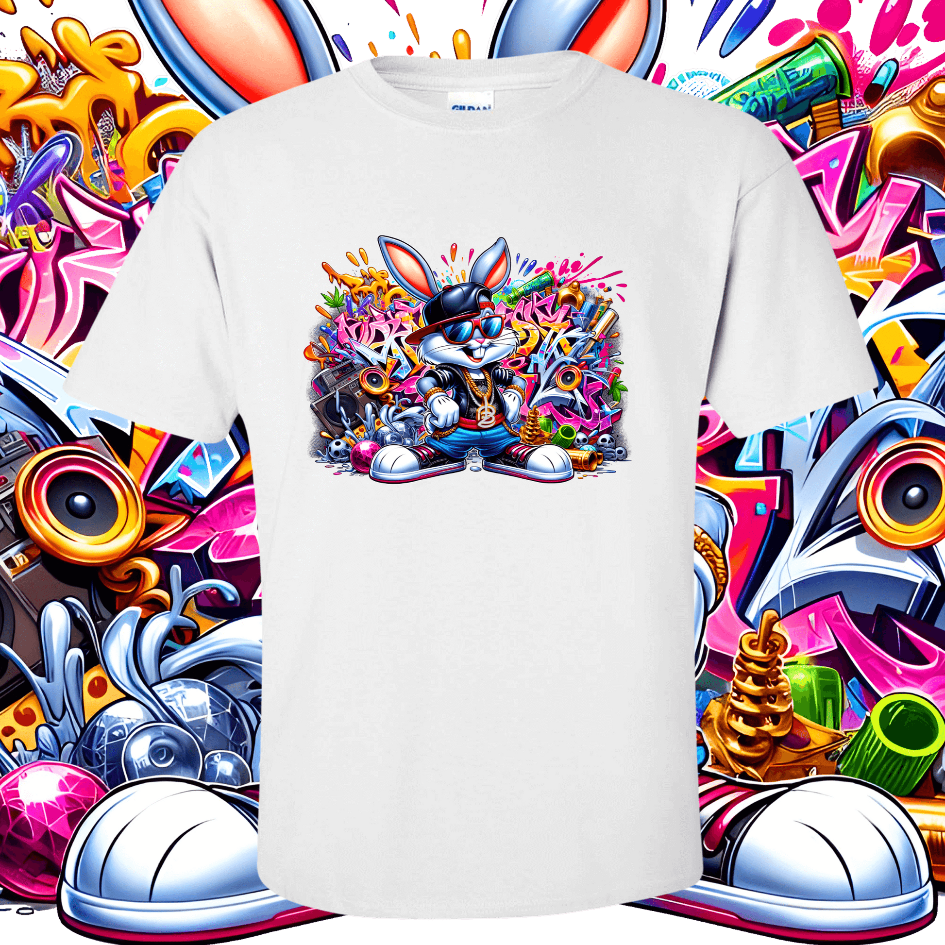 Graffiti Bugs Bunny T-Shirt in front of vibrant graffiti background featuring colorful street art elements and cartoon designs