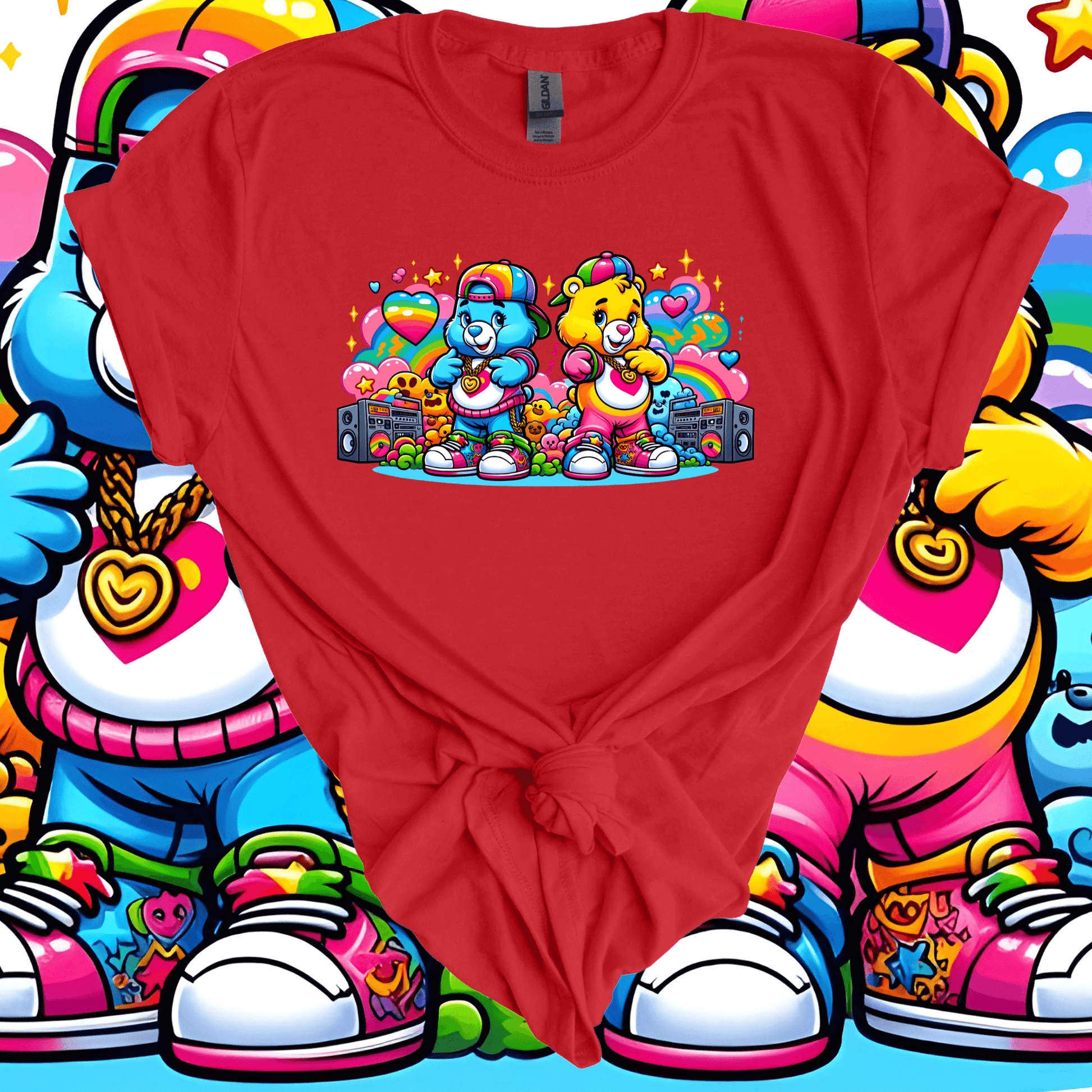 Red Graffiti Carebear T-Shirt featuring vibrant graffiti art and Carebear characters on premium US cotton for a classic fit.