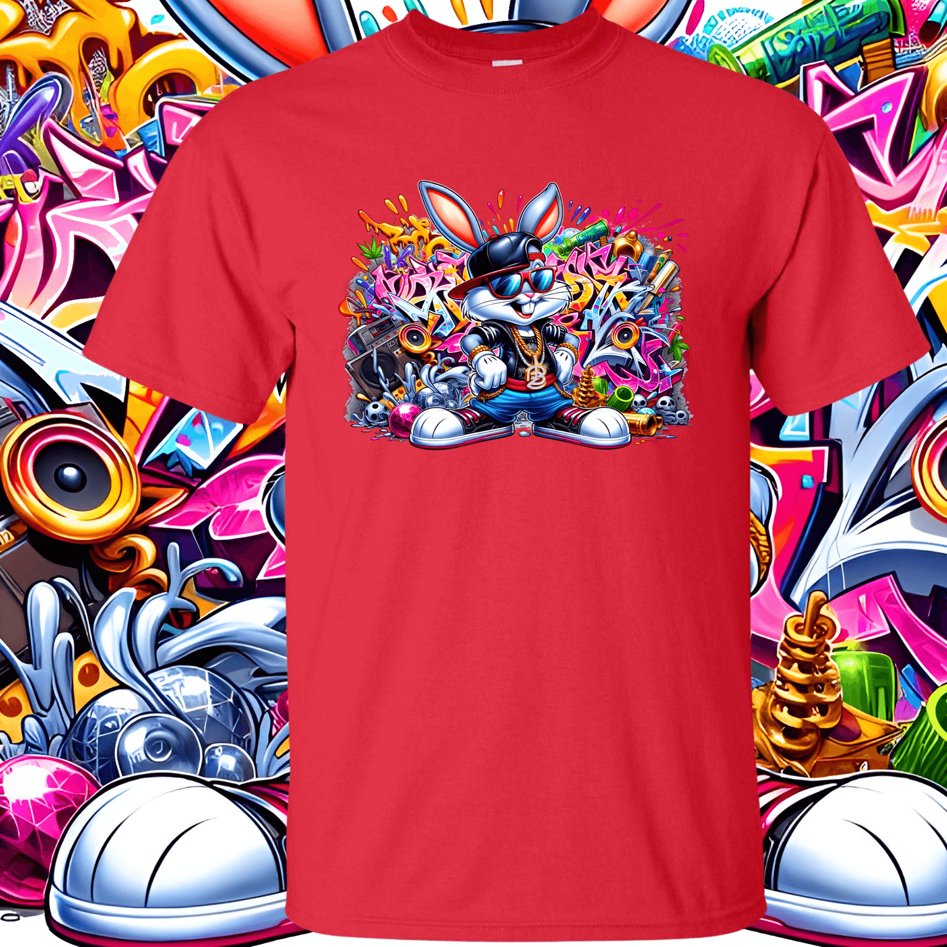 Red Graffiti Bugs Bunny T-Shirt featuring colorful urban art design, 100% cotton, classic fit, sustainably grown US cotton.