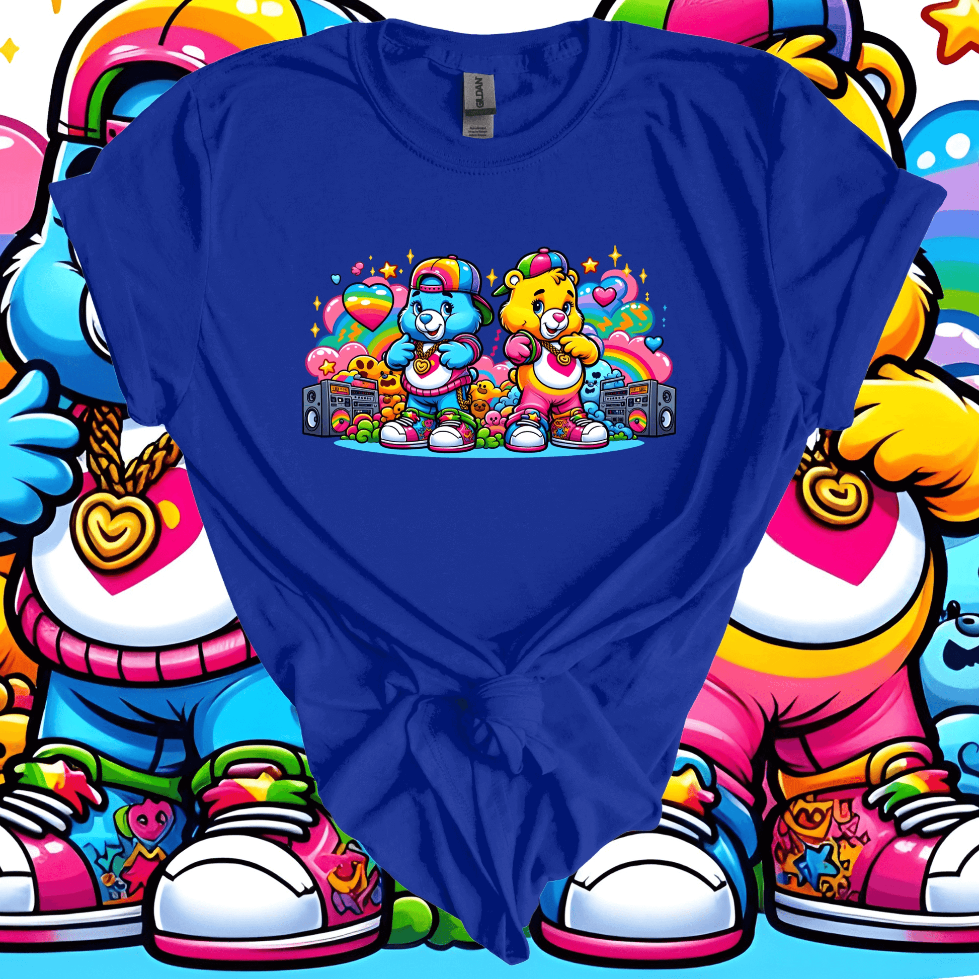 Blue Graffiti Carebear T-Shirt featuring vibrant graffiti art of Carebears on premium US cotton for a nostalgic and rebellious style.