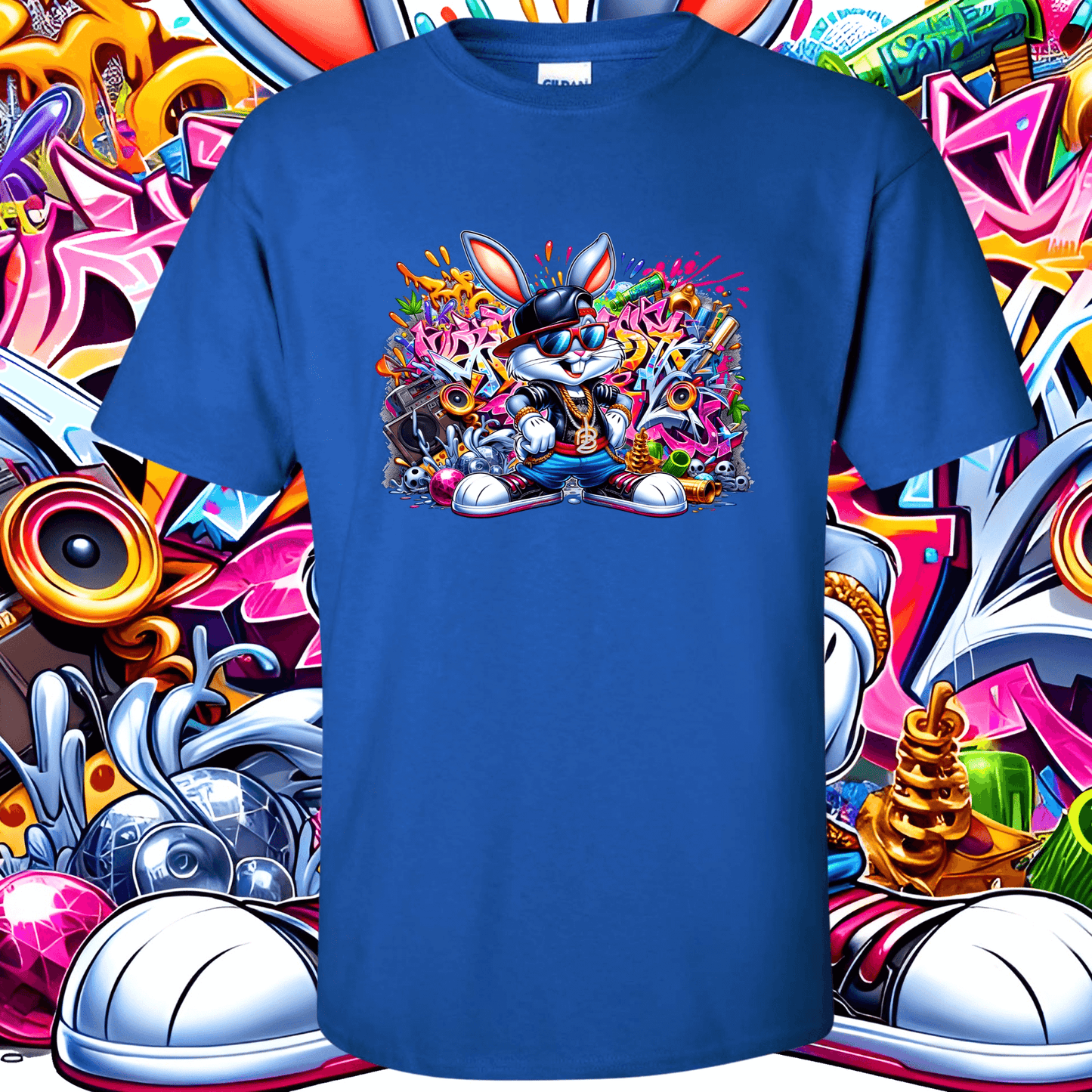 Graffiti Bugs Bunny T-Shirt featuring colorful street art on a blue 100% cotton fabric with classic fit and heavy-duty construction.