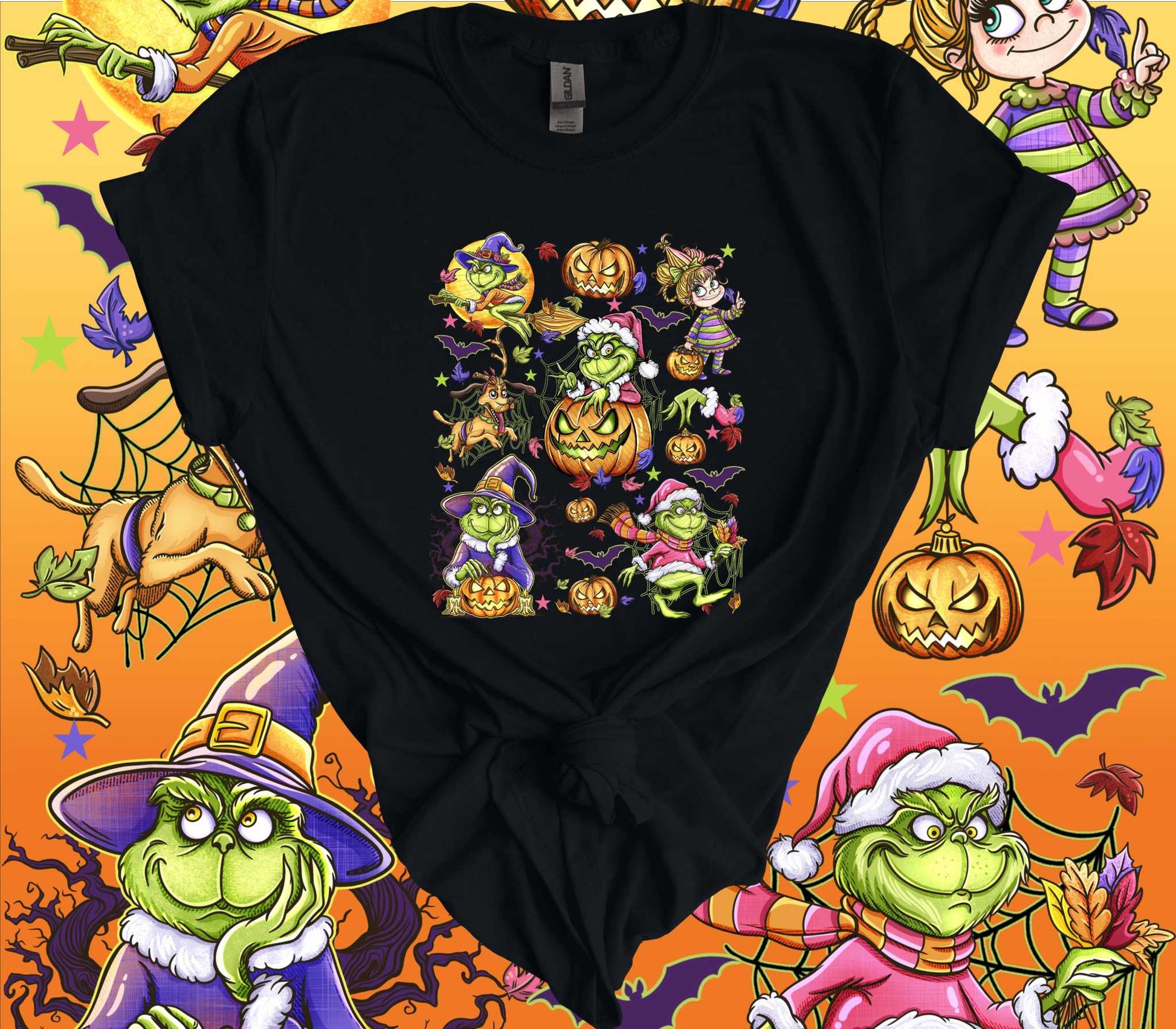 Spooky Green Guy Halloween T-Shirt with eerie Grinch and festive graphics for a fun, comfortable Halloween look