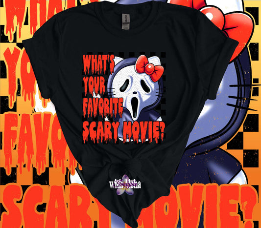 "What's Your Favorite Movie Hello Kitty Ghostface T-Shirt with Kawaii and Creepy Design, Perfect for Horror Fans"