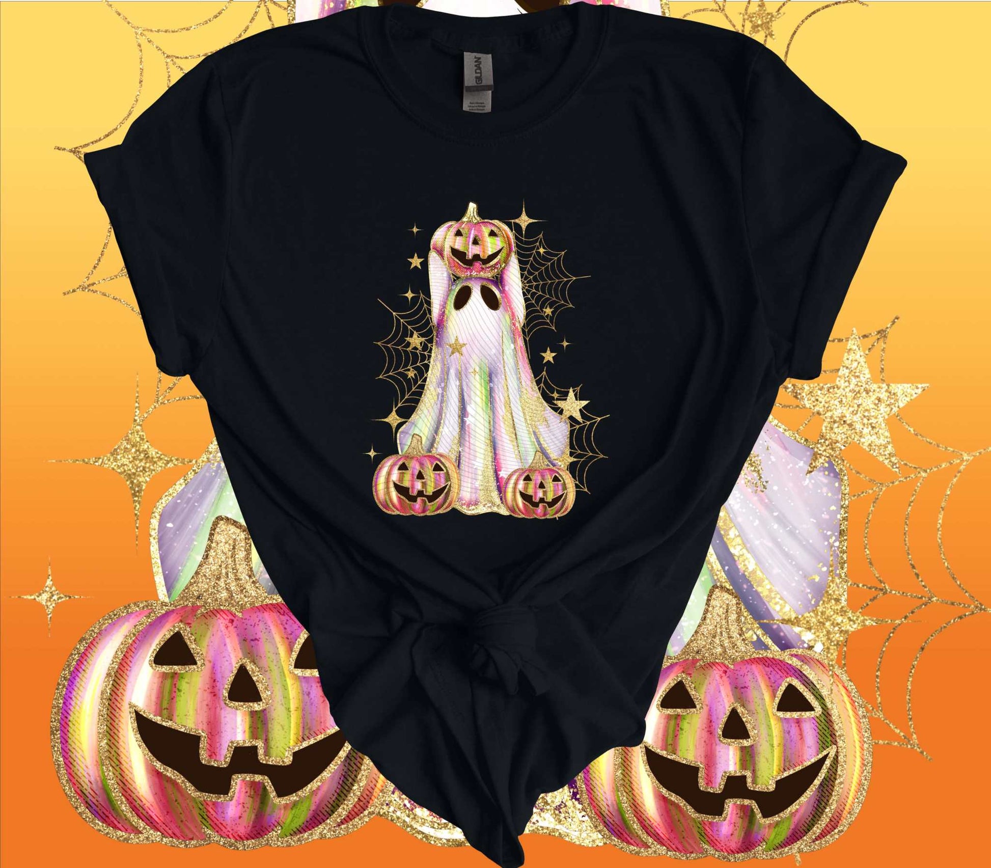 Black Halloween T-shirt featuring a shimmering ghost with Jack o' lanterns against an orange background.