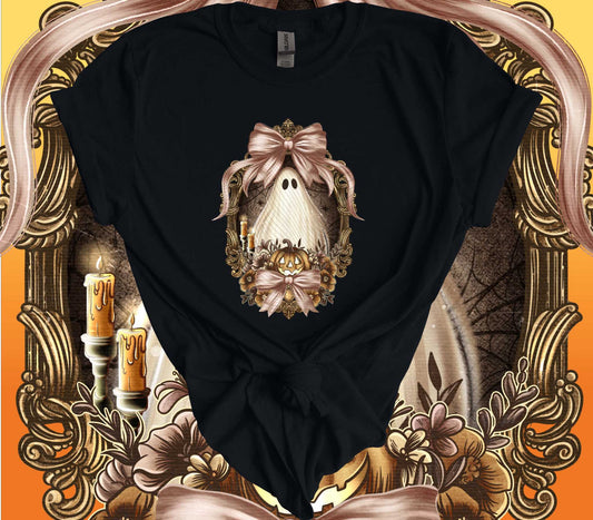 Vintage Halloween Ghost T-Shirt with eerie and elegant design featuring a ghost in a decorative frame, perfect for spooky autumn nights.