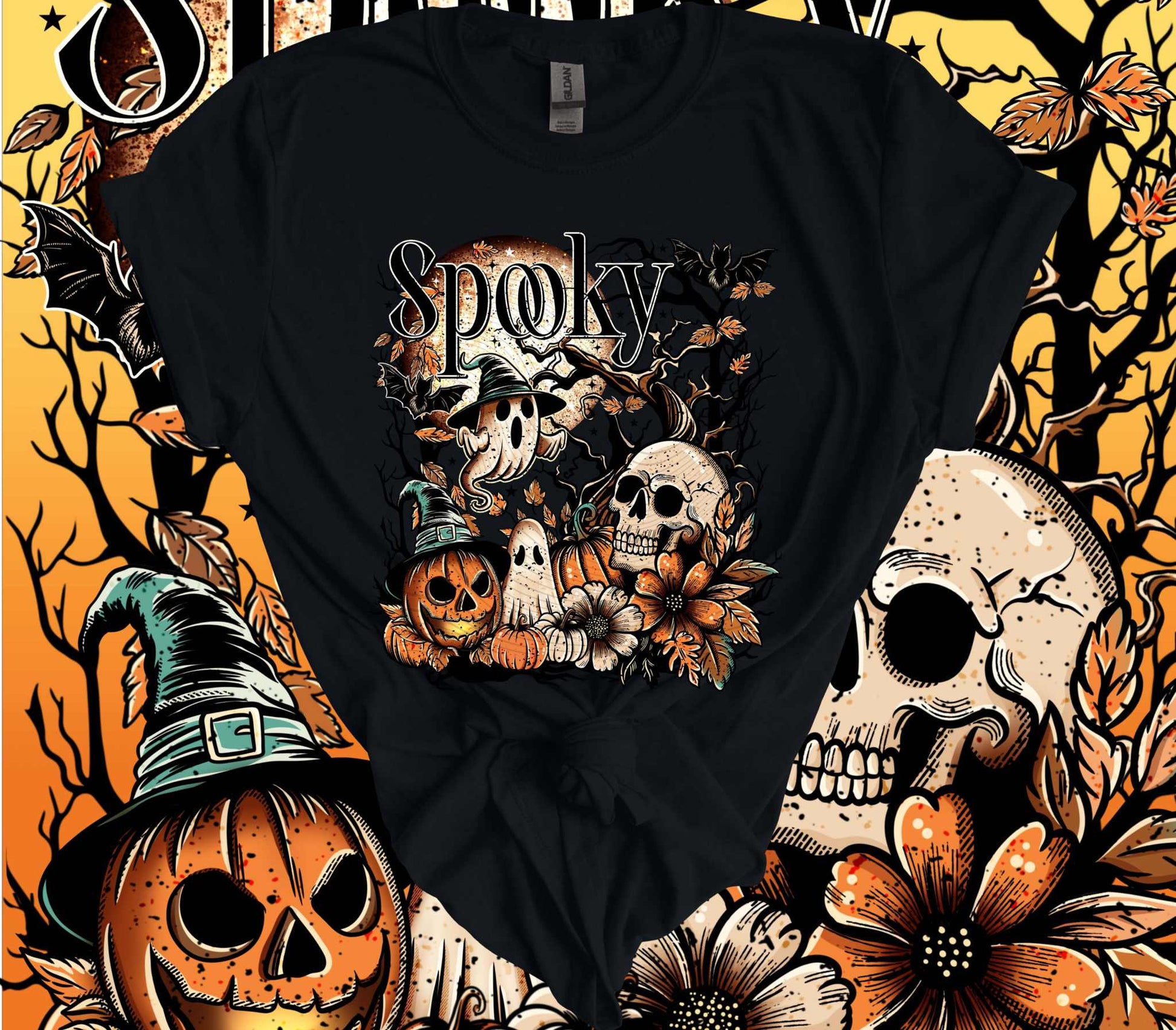 Spooky Skulls Halloween T-Shirt featuring eerie design with skulls, pumpkins, and ghost, perfect for Halloween celebrations.