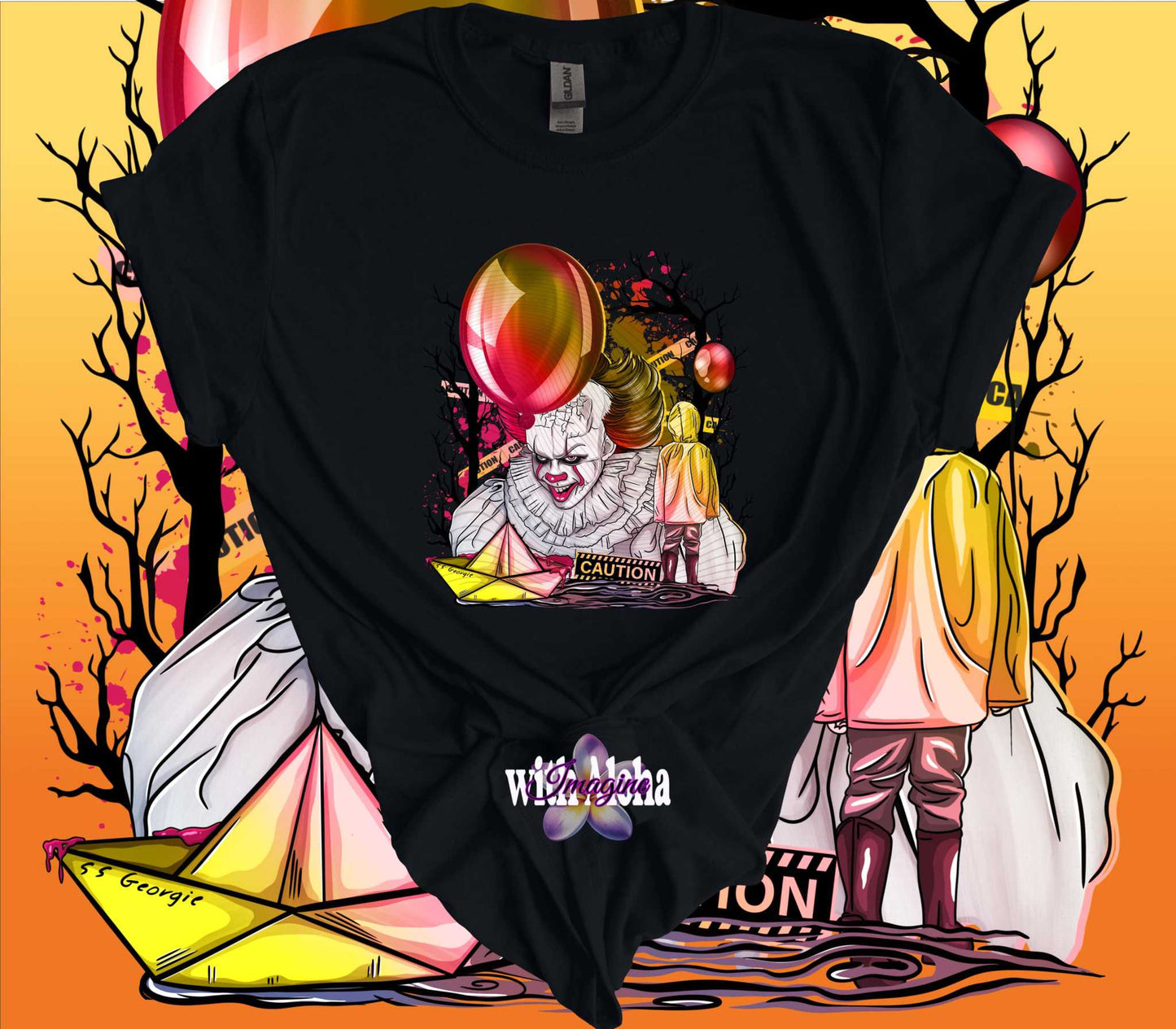 It Horror Movie 100% Cotton T-Shirt featuring Pennywise holding balloons and a yellow paper boat on a Halloween-themed background