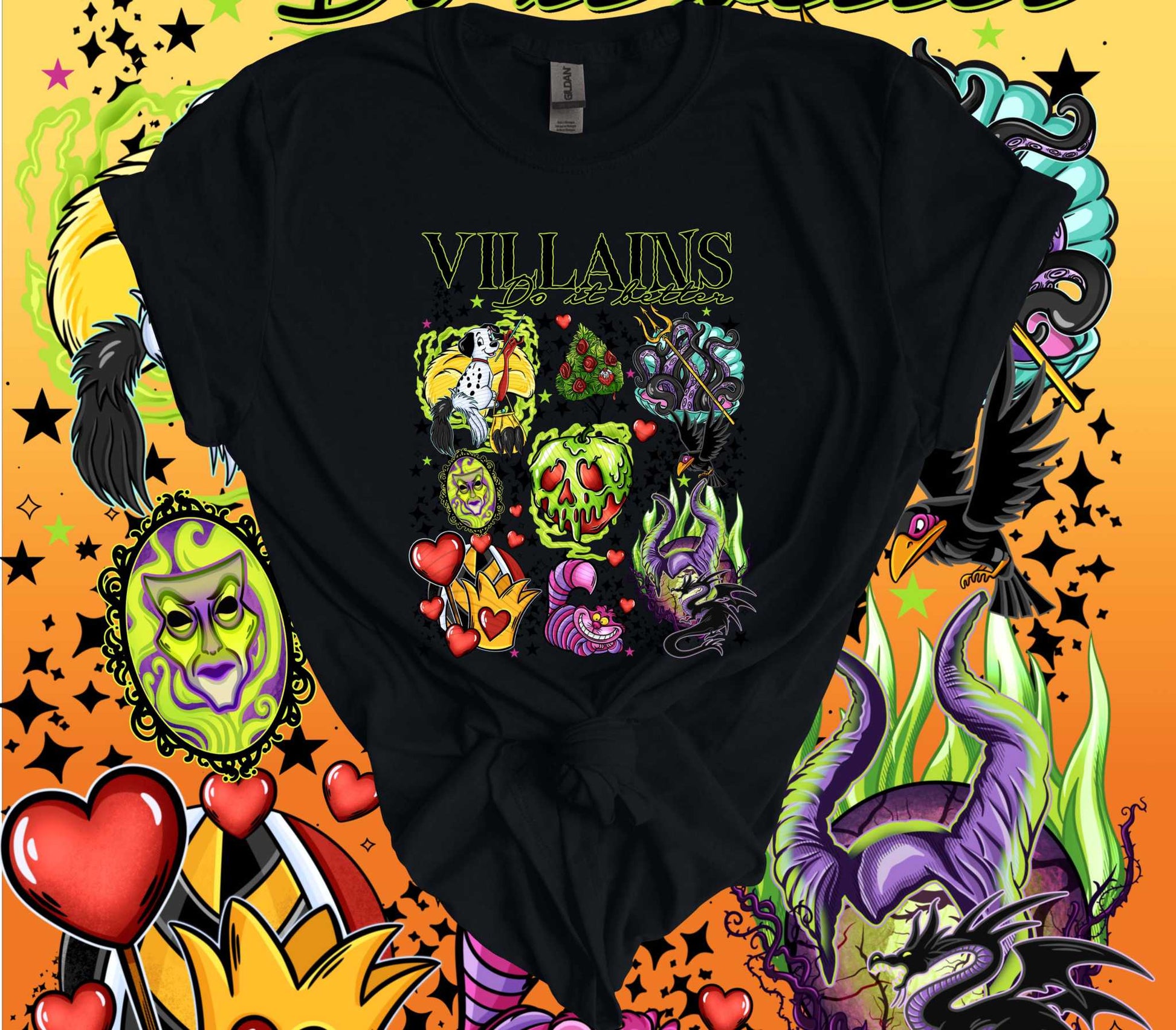 Halloween Villains Graphic Tee featuring classic horror characters with vibrant, eerie designs on a black shirt.