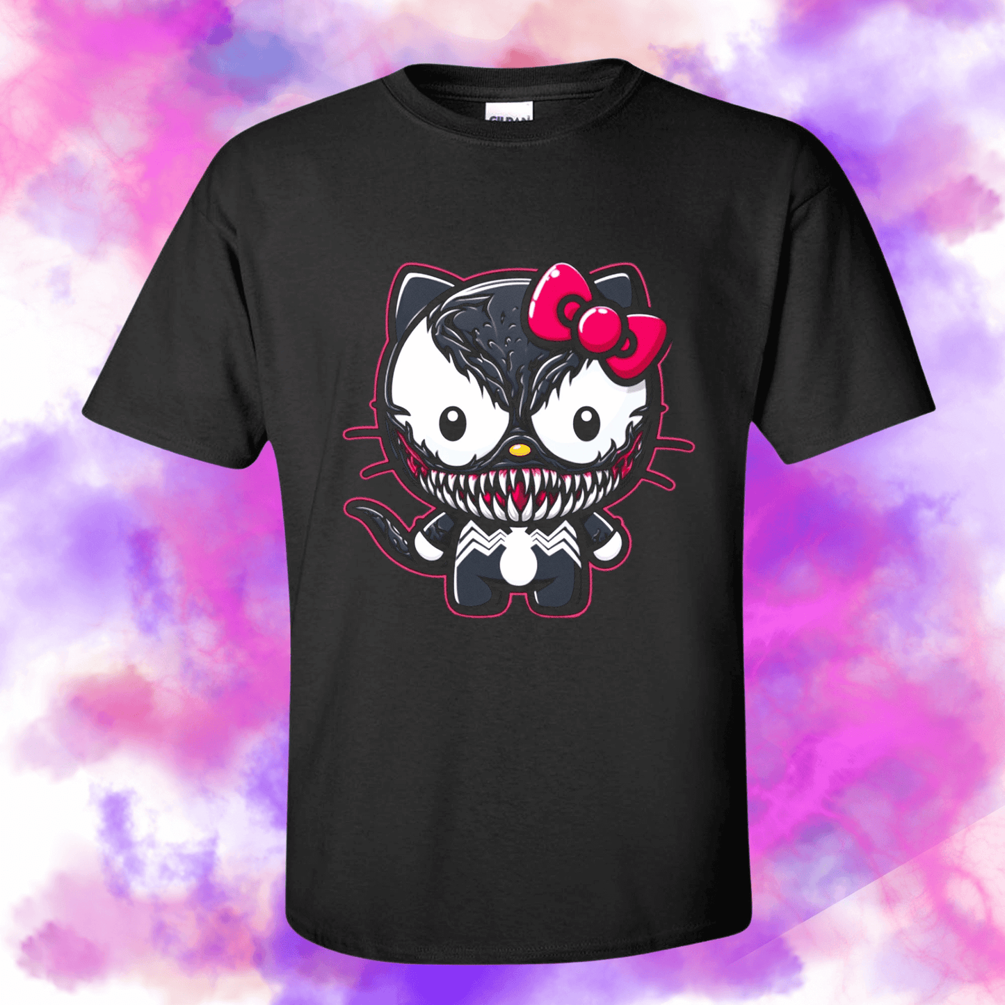 "Carnage Hello Kitty 100% Cotton T-Shirt with fierce feline graphics on a vibrant background"