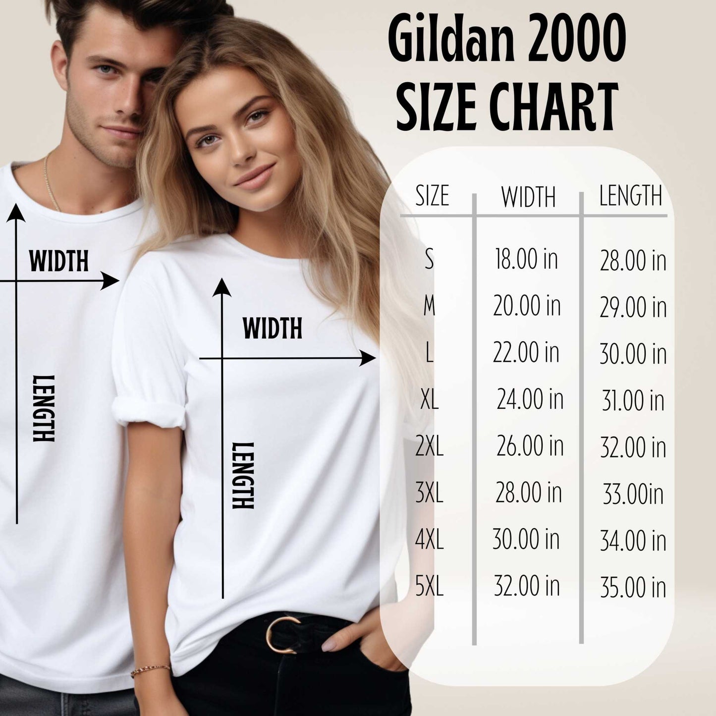 Gildan 2000 size chart displayed on two models wearing white t-shirts, showing width and length measurements for various sizes.