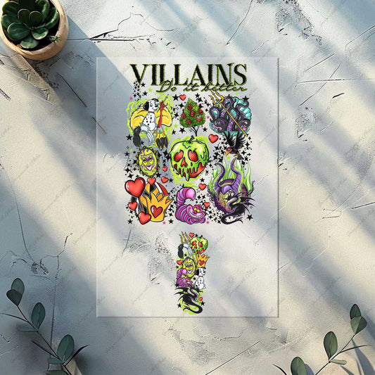 Villains Do It Better Halloween heat transfer with vibrant villainous designs for apparel customization.