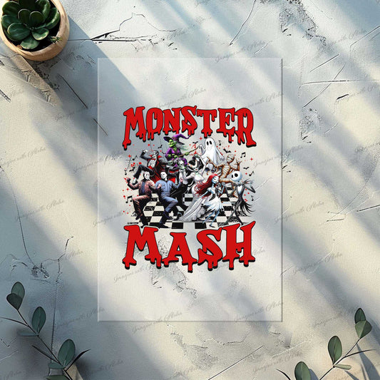 Monster Mash Halloween heat transfer with horror villains, DTF Transfer