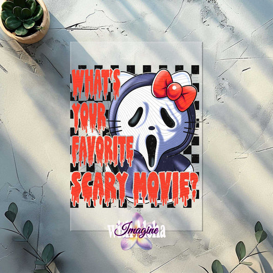 Hello Kitty Ghostface heat transfer with "What's Your Favorite Scary Movie?" text, blending cute and spooky for custom Halloween apparel.