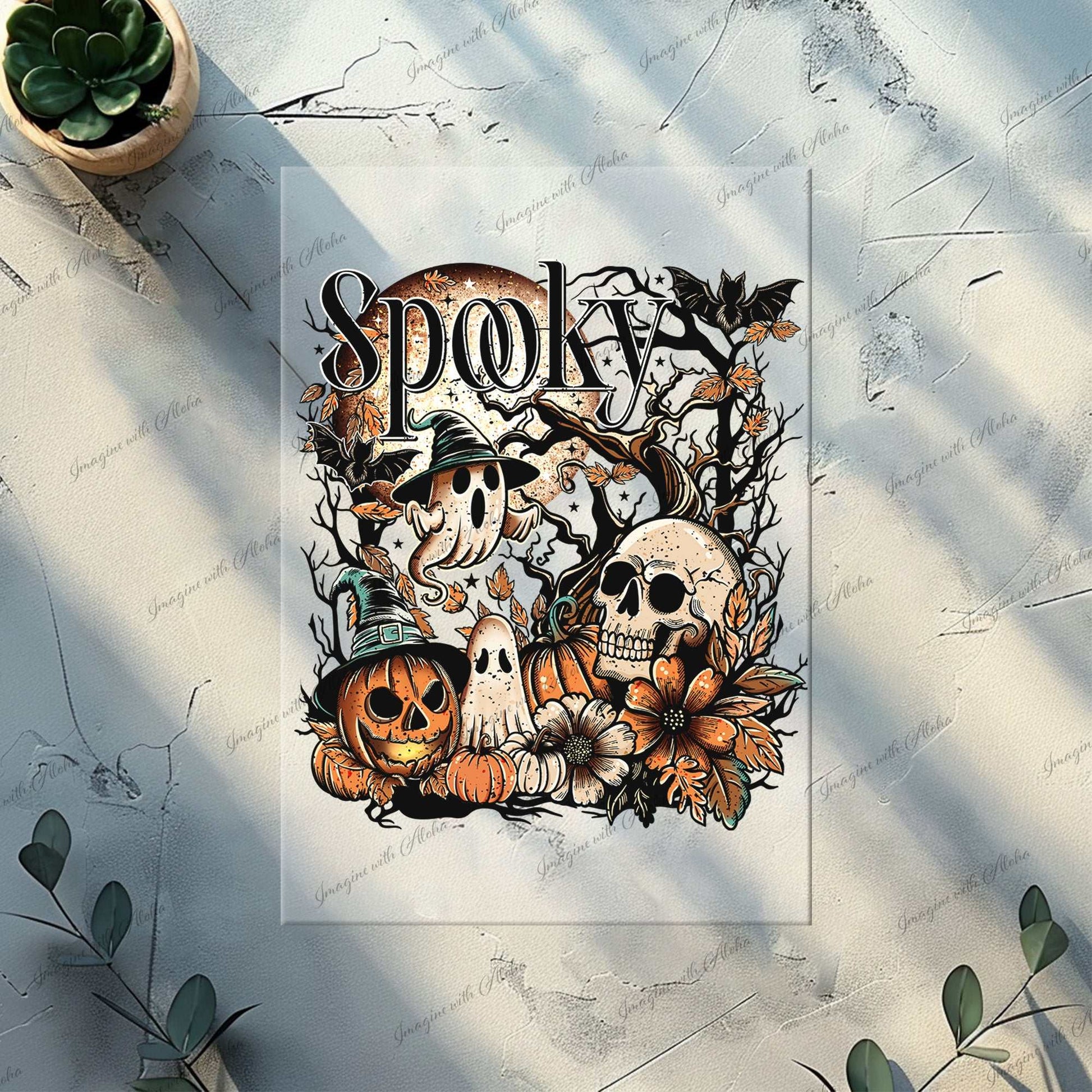 Spooky Halloween DTF transfer with ghosts, skulls, pumpkins, and flowers on a table surrounded by plants, 12.4x17.3 inches