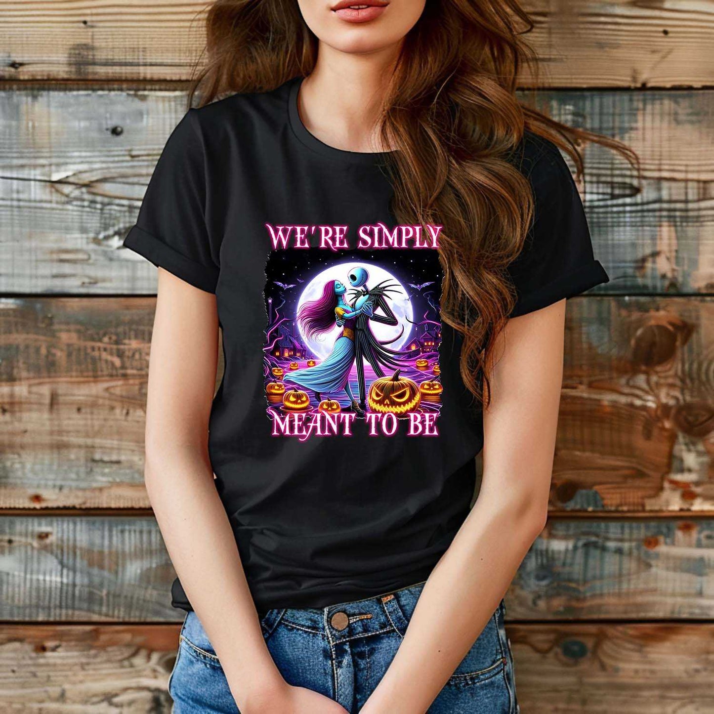 Woman wearing "Simply Meant To Be" Jack and Sally 100% Cotton T-Shirt with Halloween design.