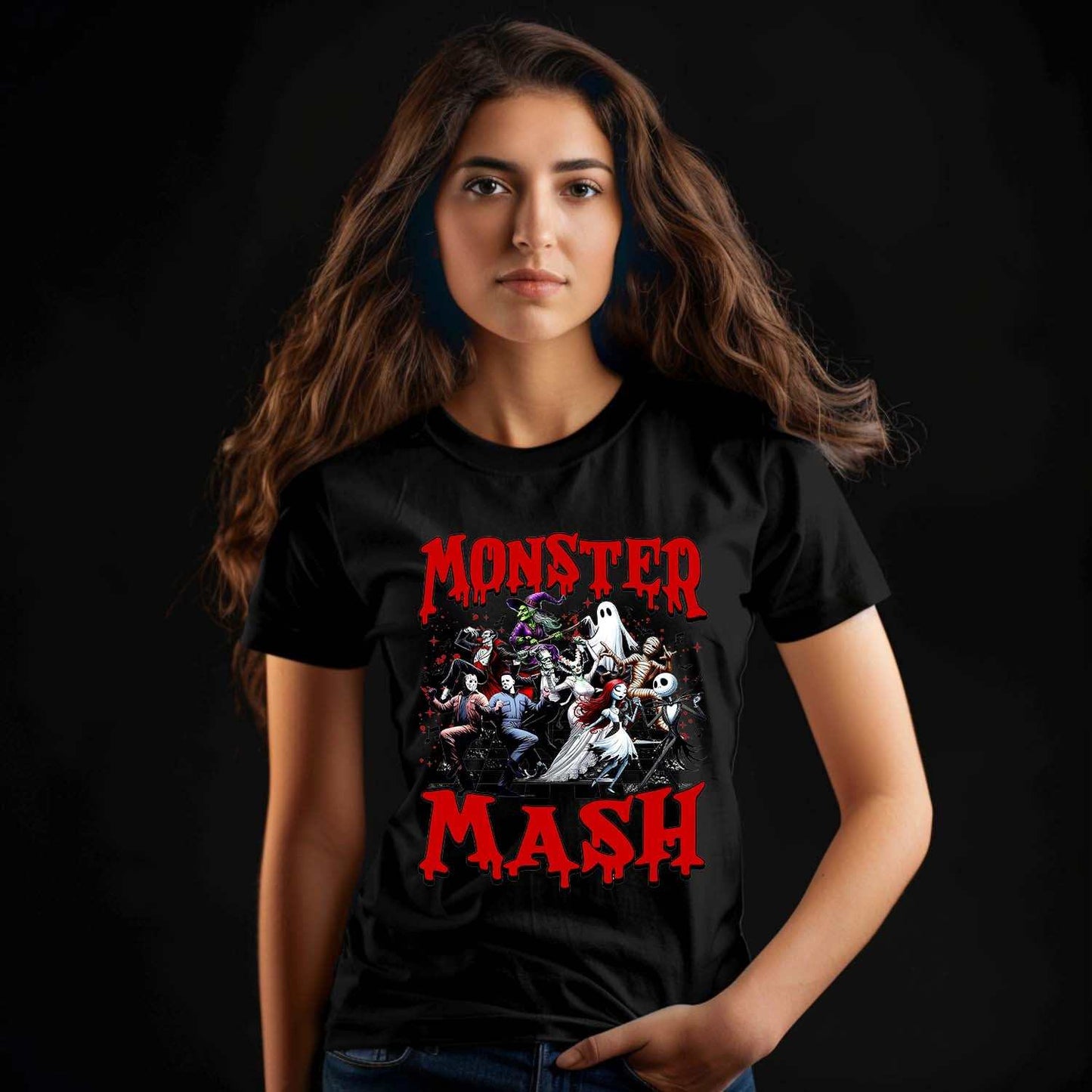 Woman wearing Monster Mash Halloween graphic tee featuring spooky characters, classic fit cotton for a cute and creepy look.