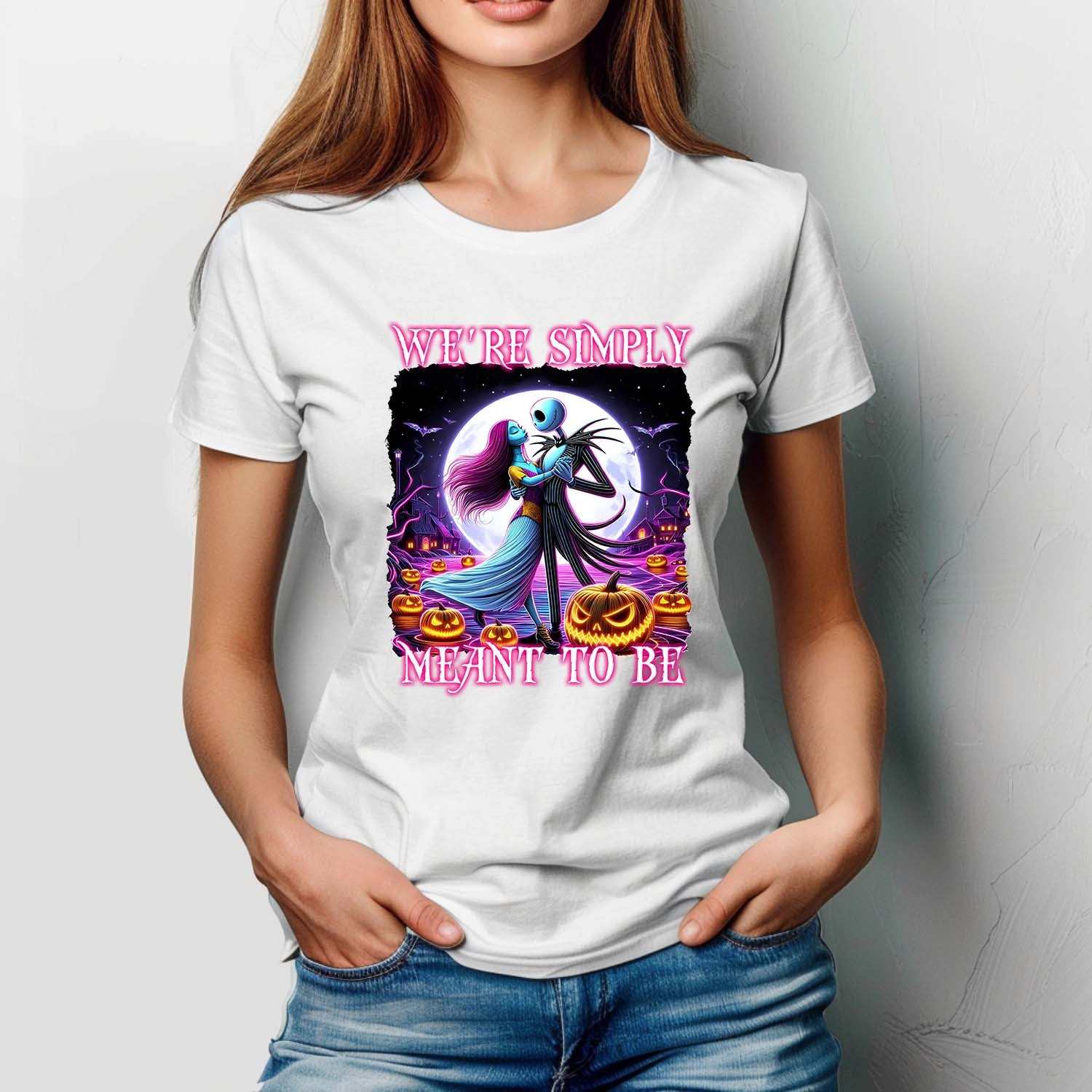 Woman wearing a white Jack and Sally "Simply Meant To Be" 100% Cotton T-Shirt with Halloween-themed design.