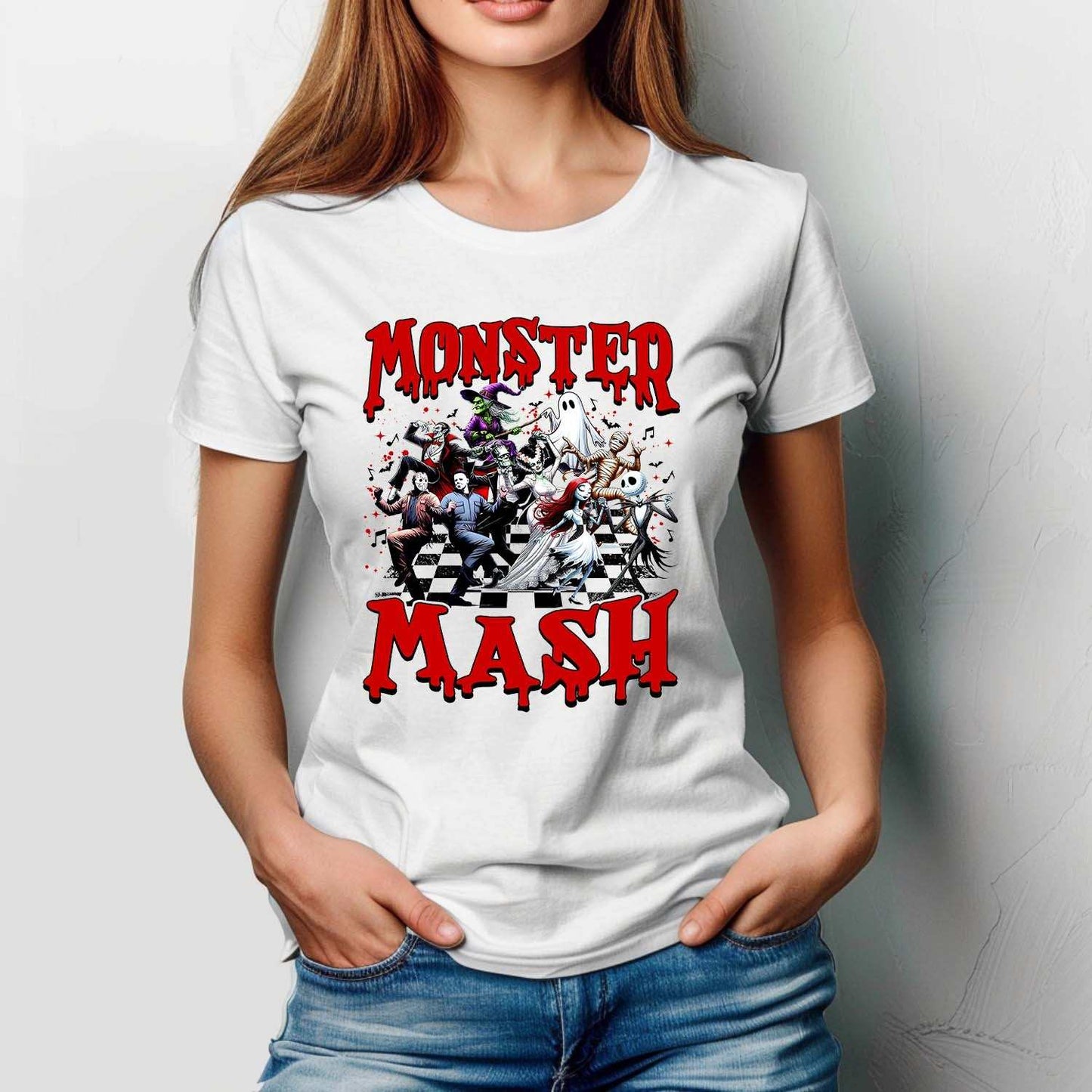 Woman wearing Monster Mash Halloween Graphic Tee with creepy characters and bold red text. Perfect for spooky season style.