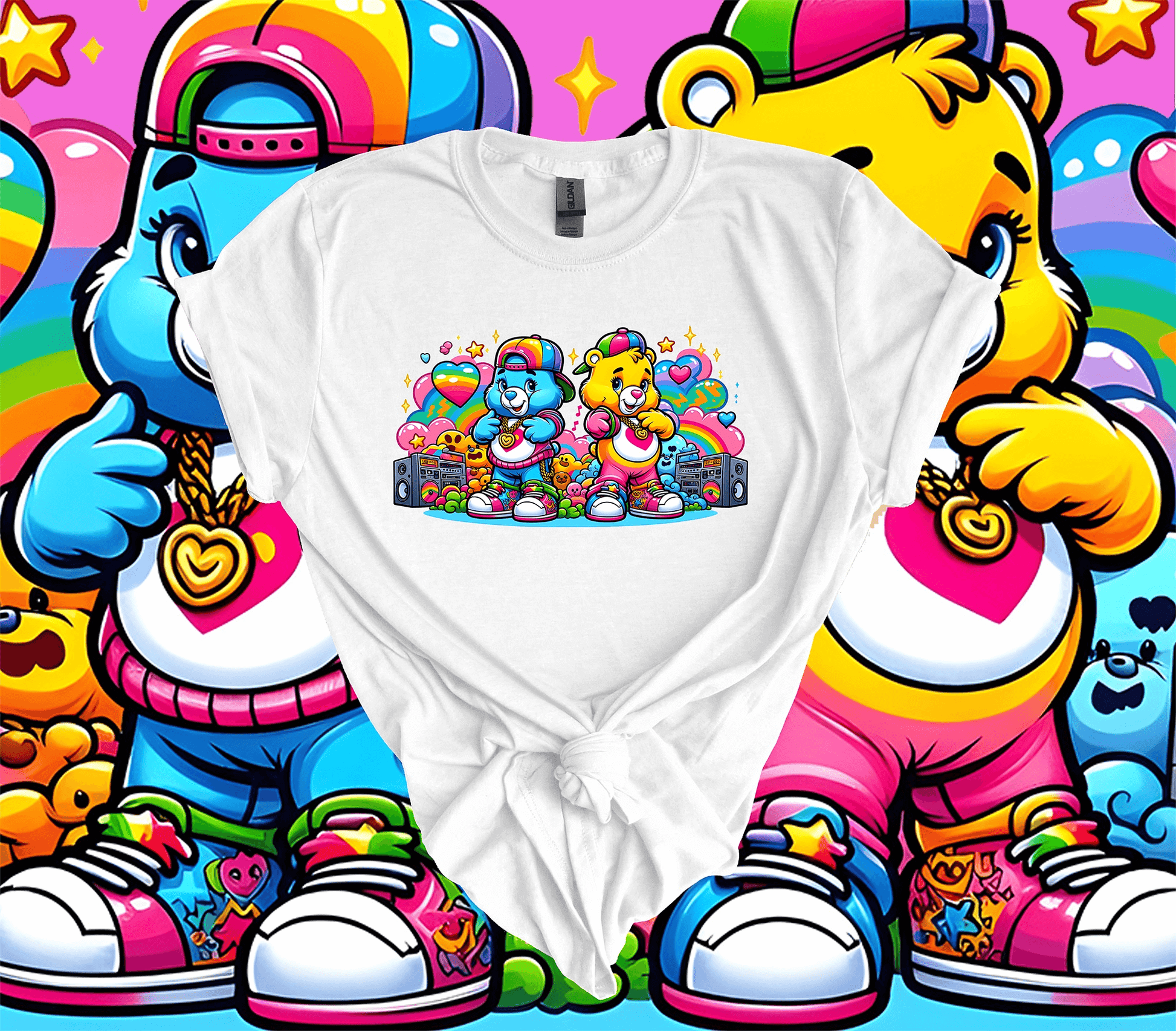 Graffiti Carebear T-Shirt featuring vibrant graffiti-style Carebears on a white cotton background, with colorful Carebear artwork