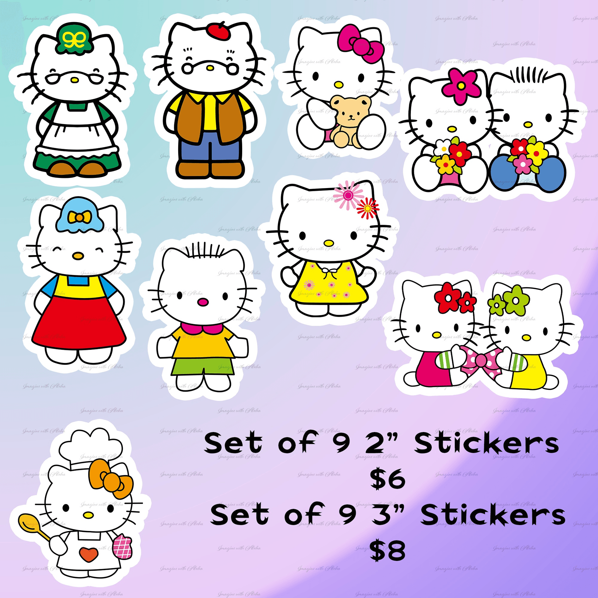 Hello Kitty and Daniel sticker set featuring various characters, available in 9 pieces per set, 2" and 3" sizes.