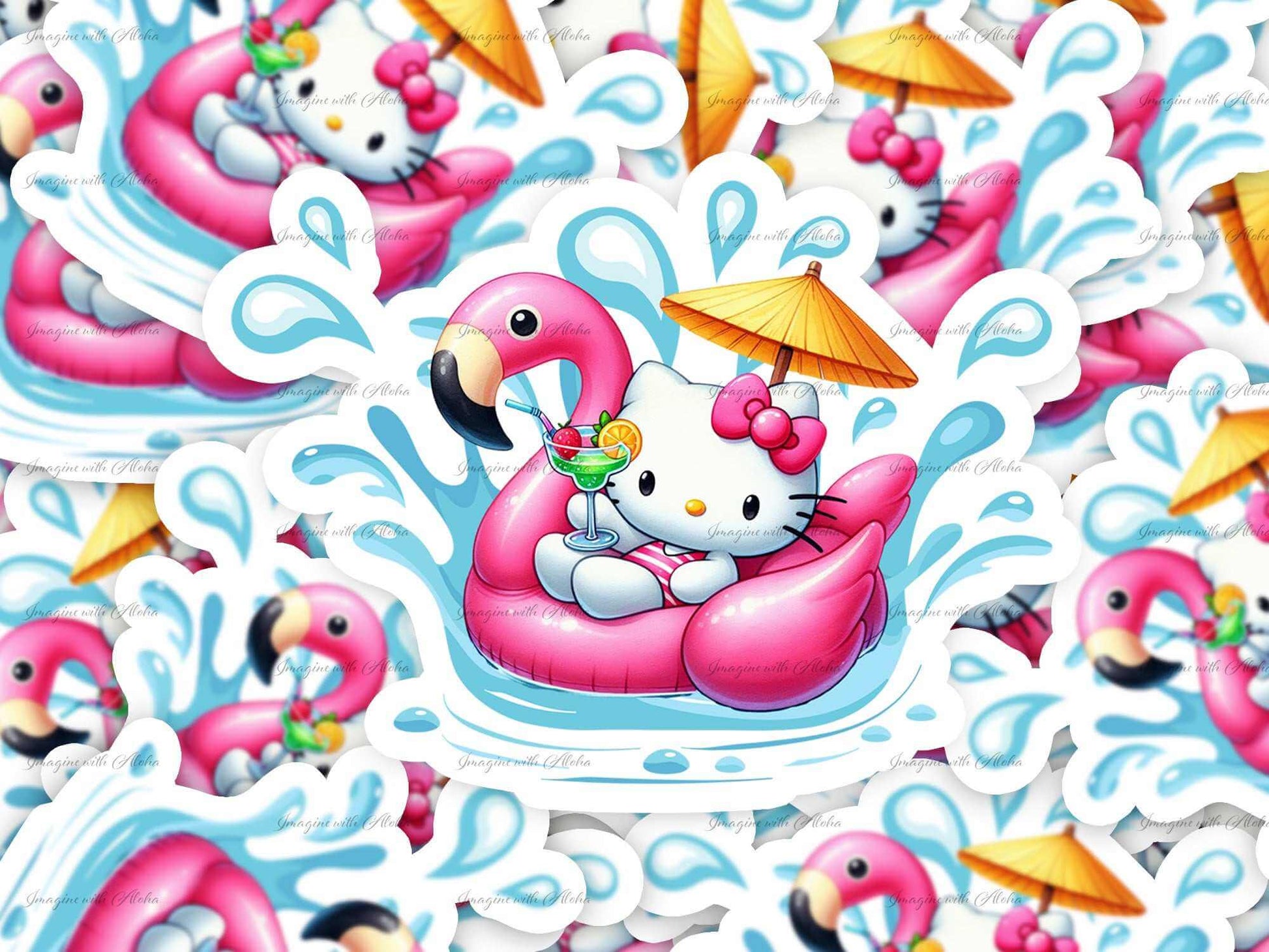 Summer Hello Kitty riding a flamingo float sticker, waterproof, easy-peel design, perfect for indoor and outdoor use.