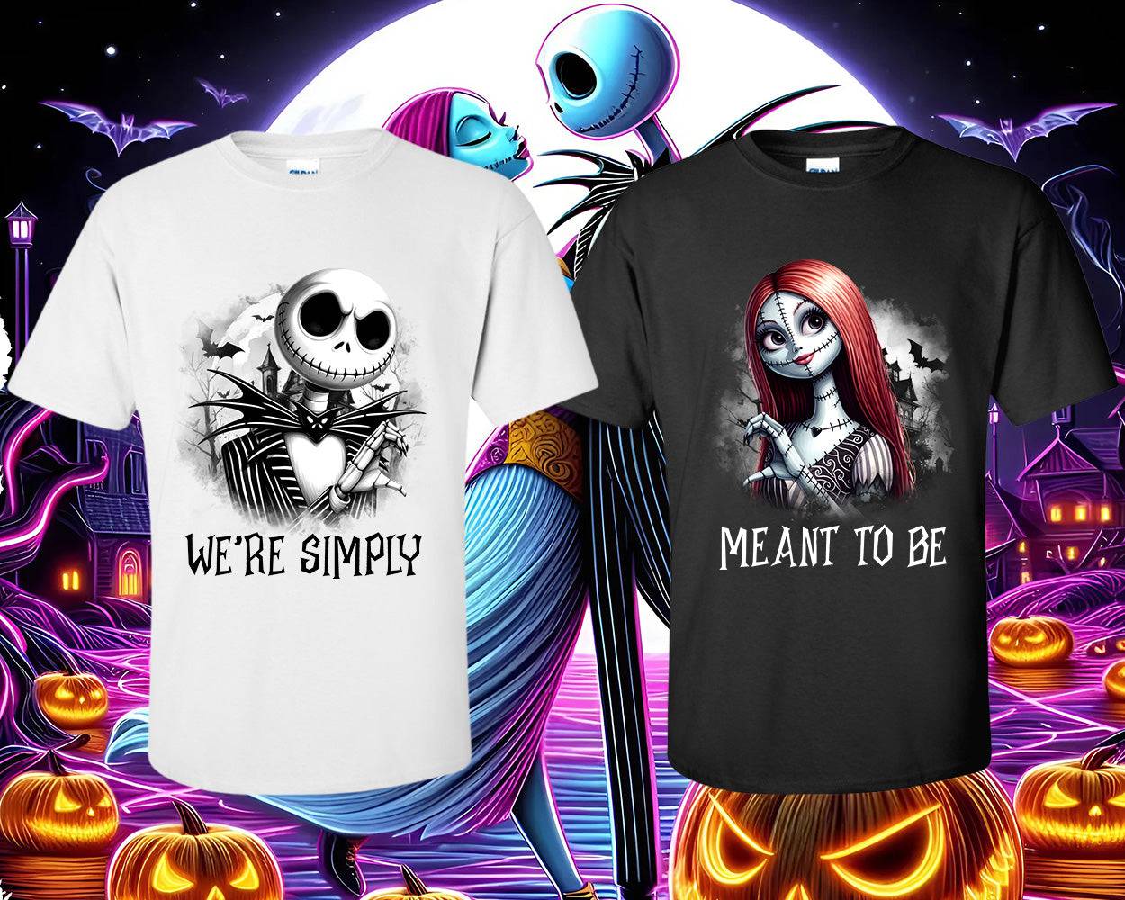 Jack and Sally Simply Meant To Be his and hers heat transfers on Halloween-themed background