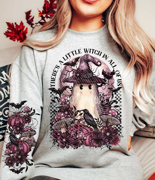 "There’s a Little Witch in All of Us" ghost sweatshirt with witch hat and autumn icons, cute Halloween apparel for men and women.