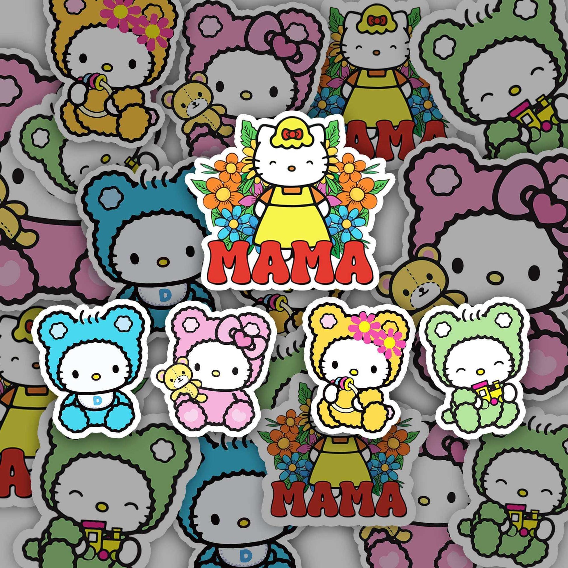 Mama Hello Kitty and Babies Stickers - Set of 3 glossy vinyl, water-resistant, easy-peel stickers for indoor and outdoor use