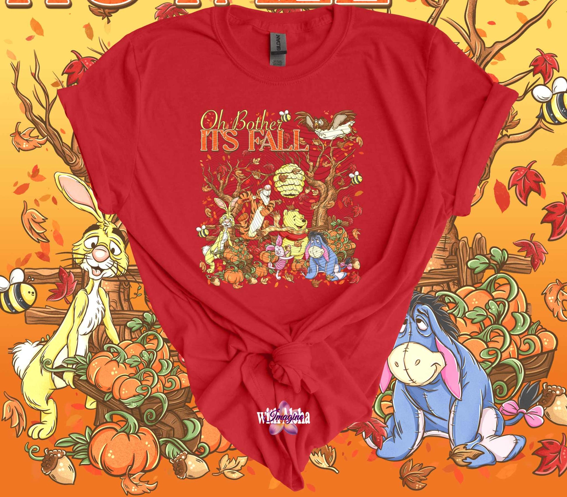 Red Pooh Bear Halloween T-Shirt featuring autumn-themed illustration with Pooh, Eeyore, and Rabbit surrounded by fall leaves and pumpkins.