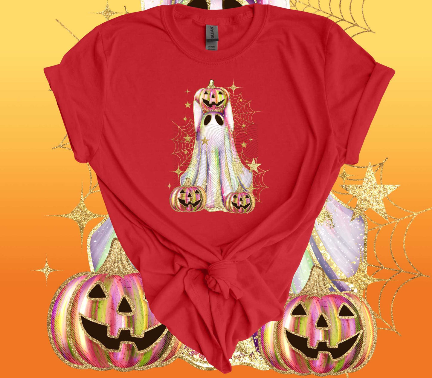 Red Shimmer Ghost and Jack o' Lantern Halloween T-Shirt on a festive backdrop with glowing pumpkins and starry details