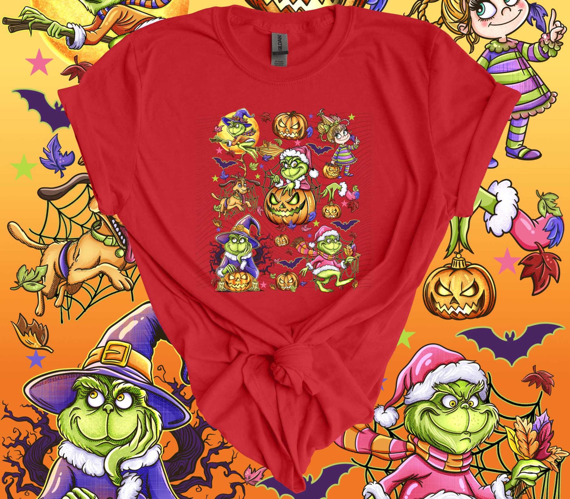 Red Spooky Green Guy Halloween T-Shirt with cartoon Grinch characters and jack-o'-lanterns against a festive Halloween background