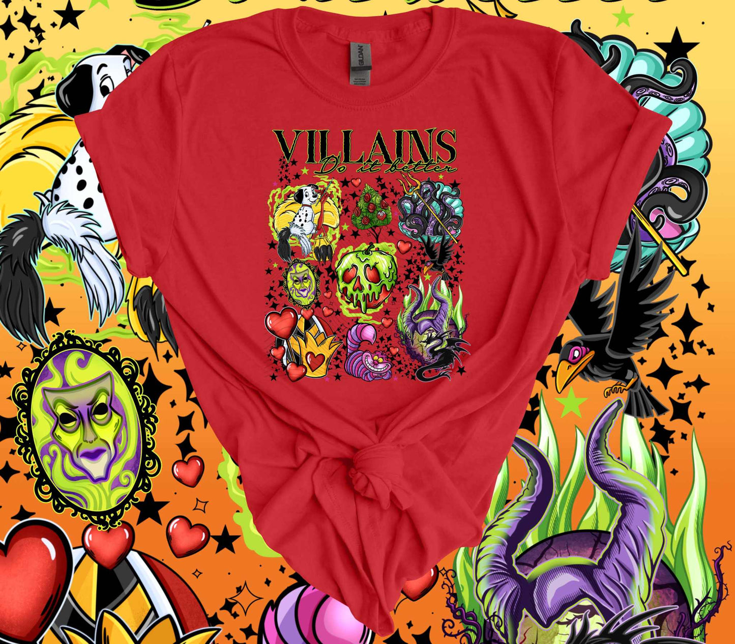 Halloween Villains Graphic Tee - Embrace the dark side with this spooky red shirt featuring classic horror characters in vibrant colors.