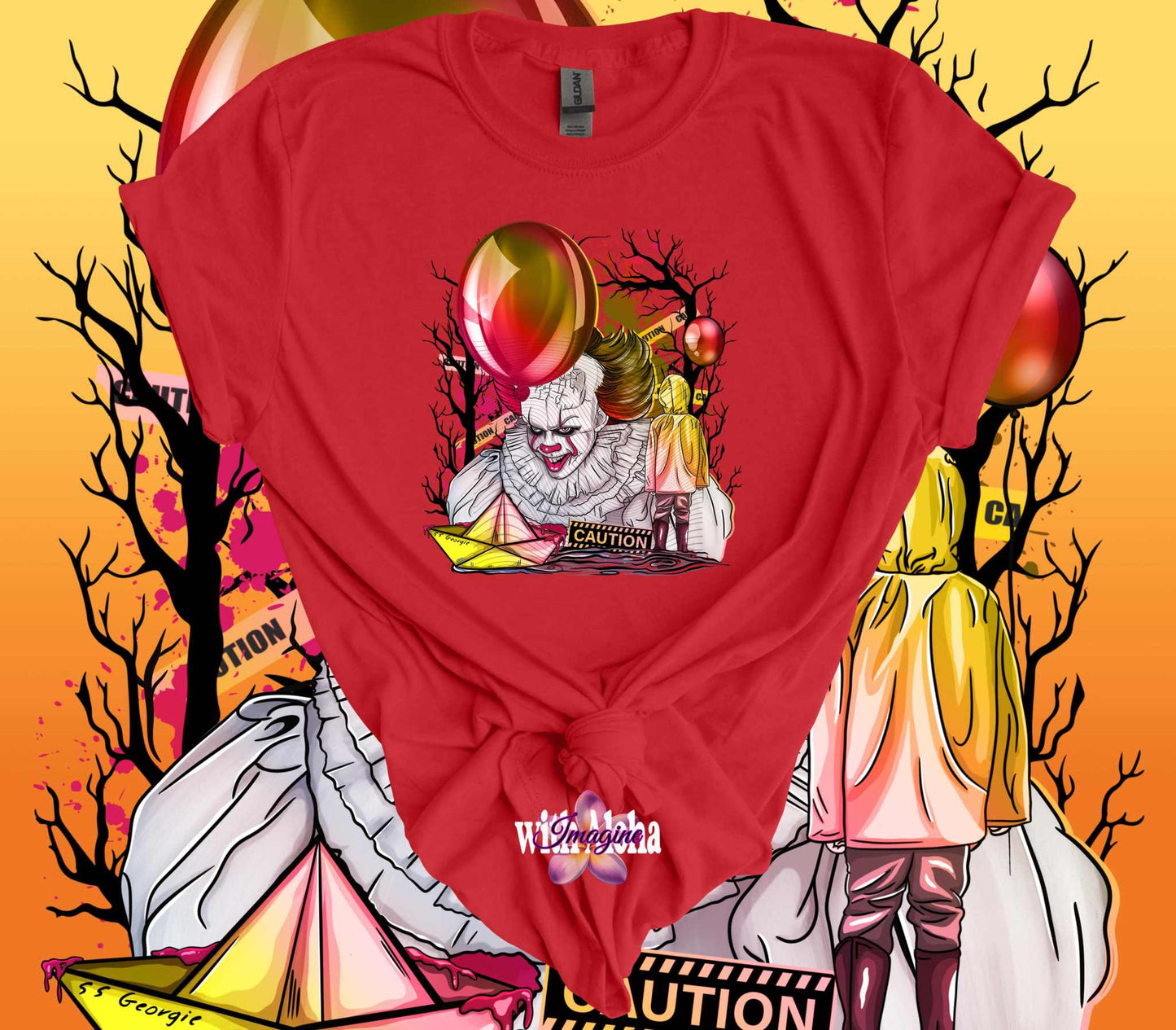 Red It Horror Movie 100% Cotton T-Shirt featuring creepy clown and red balloons, perfect for horror fans.