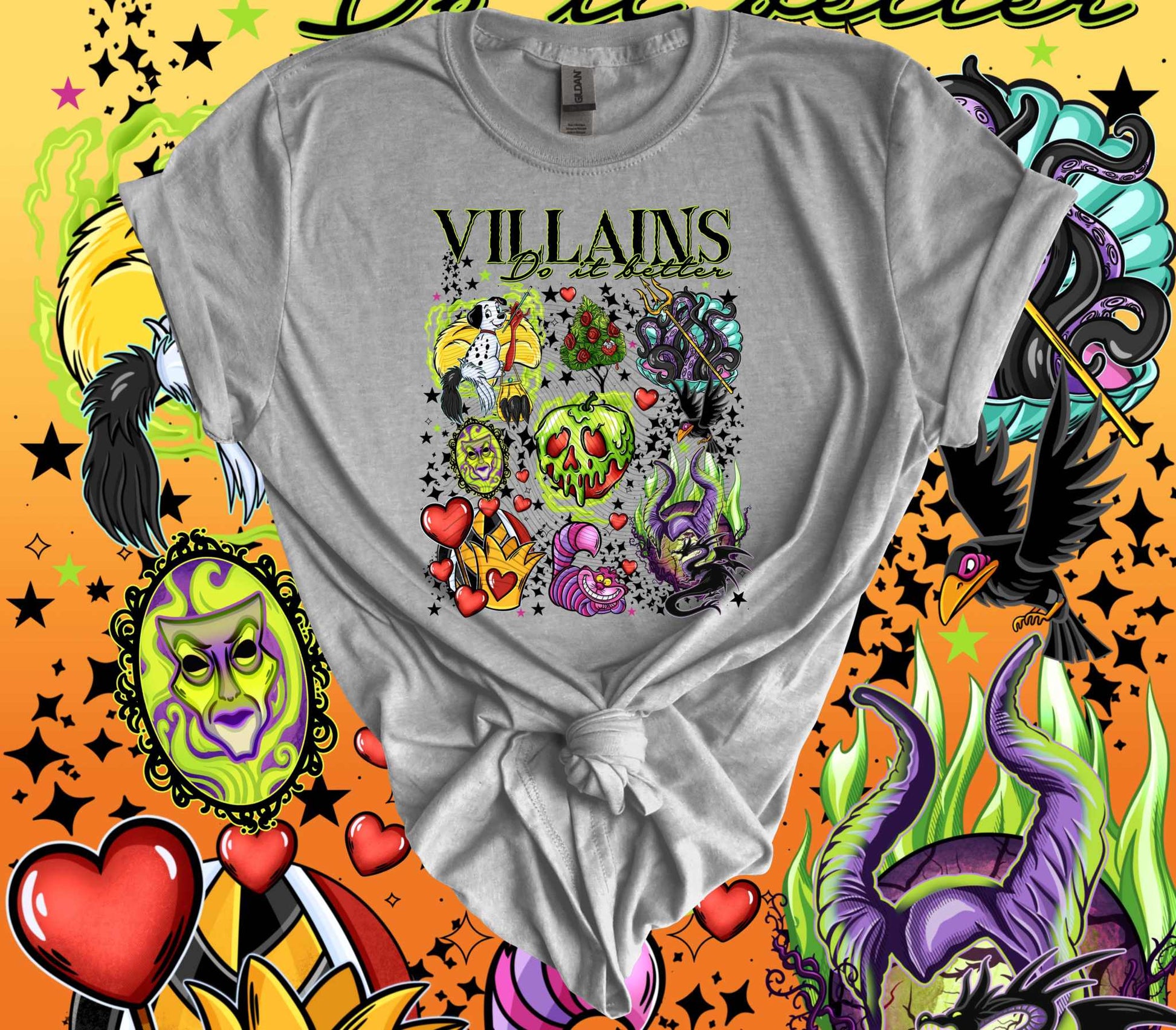 Halloween Villains Graphic Tee featuring spooky characters, perfect for horror movie marathons and spooky season styling.