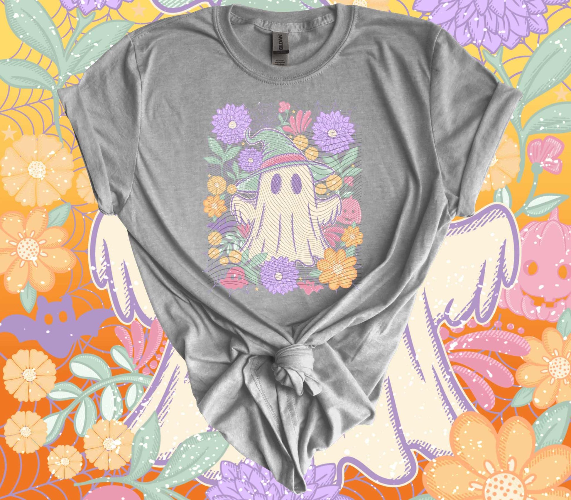 Vintage pastel floral ghost Halloween t-shirt styled with floral background