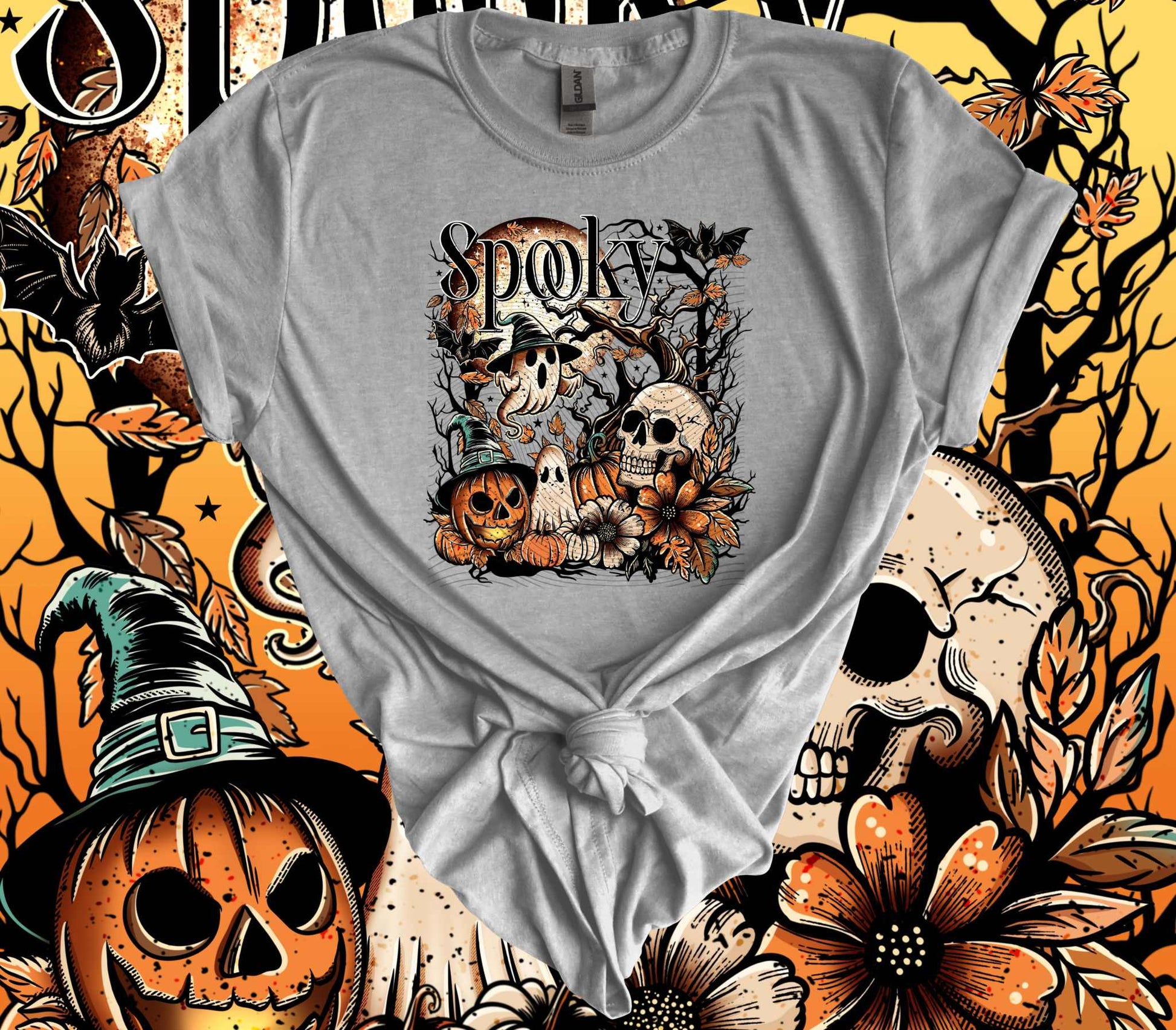 Spooky Skulls Halloween T-Shirt with Ghost, Pumpkin, and Skulls Design - 100% Cotton.