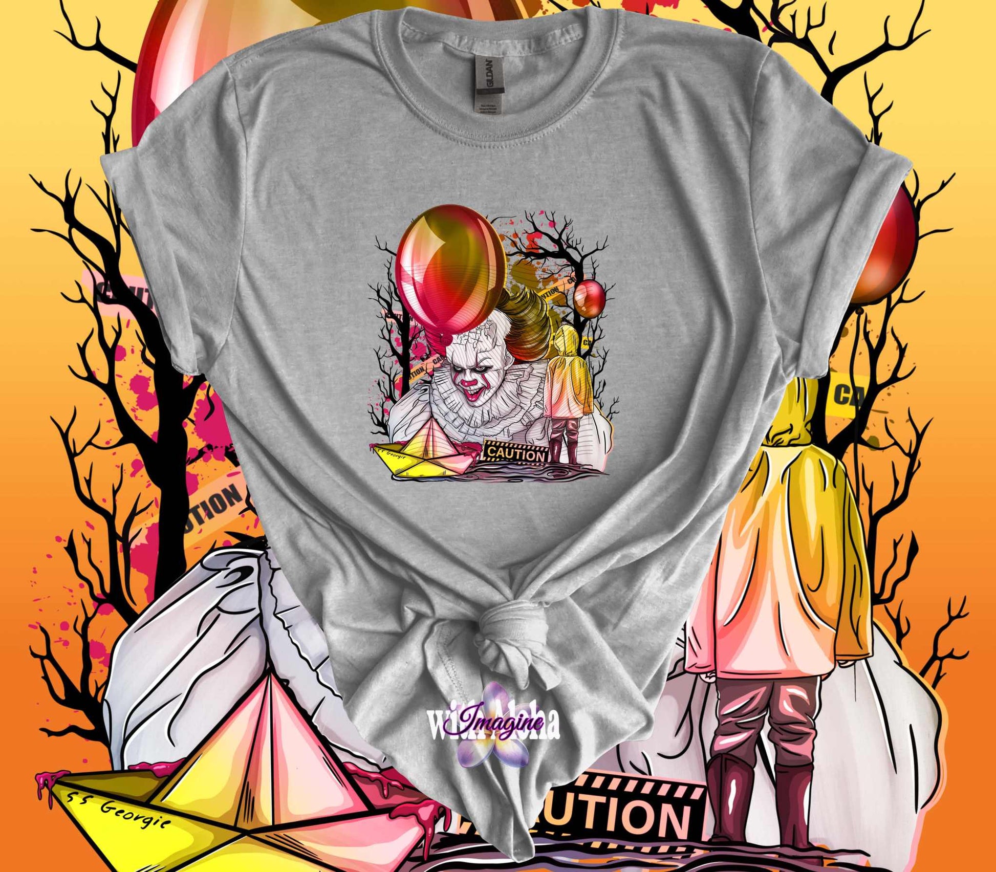 Gray It Horror Movie 100% Cotton T-Shirt featuring Pennywise and red balloon design against spooky background