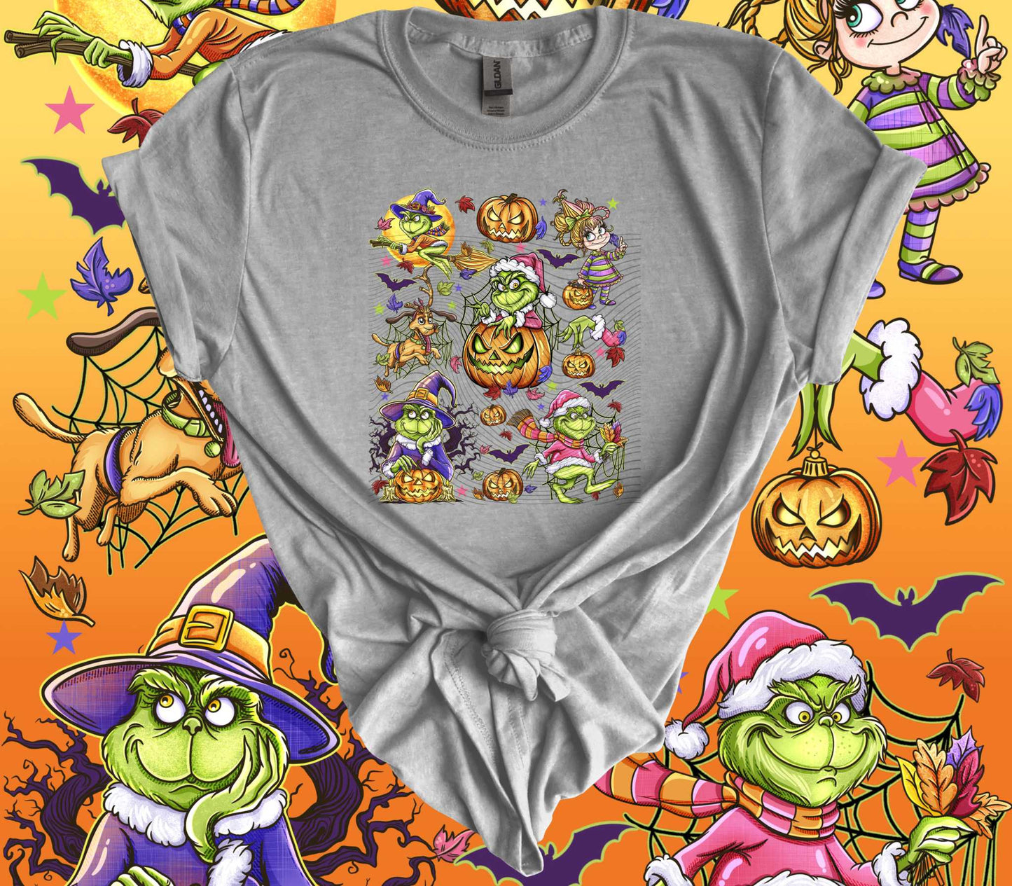 Spooky Green Guy Halloween T-Shirt featuring playful Grinch-like characters in festive scenes surrounded by Halloween decorations.